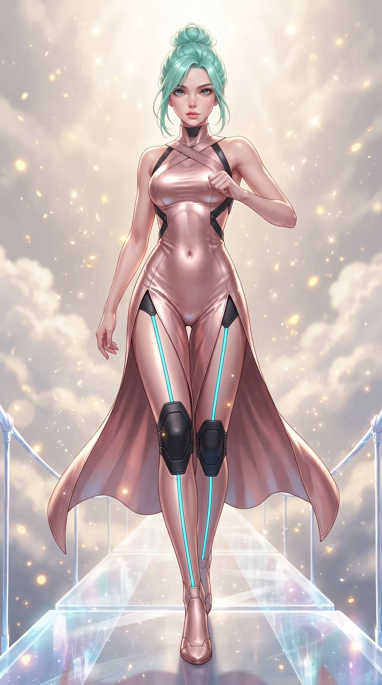 score_9, masterpiece, best quality, ultra-detailed, high-budget anime keyframe, editorial fashion photography, tasteful artistic composition, Japanese woman. low angle full-body shot from head to toe showing her feet, filling the entire 9:16 vertical frame with her statuesque presence, stretching her vertical silhouette. striding forward with sovereign warrior elegance in a low, predatory combat advance, hips swaying with fierce athletic poise from head to toe while stepping along a glowing crystal bridge suspended above clouds with arms held in ancient martial arts harmony. The composition keeps background elements in soft focus with creamy bokeh. sparkling energy particles and golden light motes scattering radiance across a sacred sky backdrop. She has an absolutely perfect, statuesque 8.5-heads proportion, an exceptionally tall and slender model-like female figure with impossibly long slender legs, a toned flat midriff, and an ultra-slim waist. sharp v-shaped jawline, high-bridge nose, intricate jewel-like eyes with depth, thick eyelashes, glossy lips with a natural sheen, flawlessly proportioned anatomical accuracy, strict slender model proportions, natural body alignment, perfectly sculpted long slender limbs, ultra-slim waistline, clean dynamic posture without body distortion. wearing a form-fitting luminous rose-gold carbon combat gown with tactical high leg slits and flexible kinetic knee articulation in matte obsidian carbon black with electric cyan conduits, crafted from ultra-strong woven carbon-fiber composite with a satin luster, complemented by criss-cross back harness straps highlighting her completely bare spine, the sleek second-skin cut tightly hugging her graceful clavicle, narrow waist, and feminine curves with athletic precision. surrounded by an awe-inspiring, ancient, and radiantly transcendent martial muse sovereignty aura. ultra-reflective glossy finish, specular highlights, dark metallic sheen, high-contrast stereoscopic depth, volumetric dynamic lighting, 2k, ultra detail, master piece, 9:16 ratio
