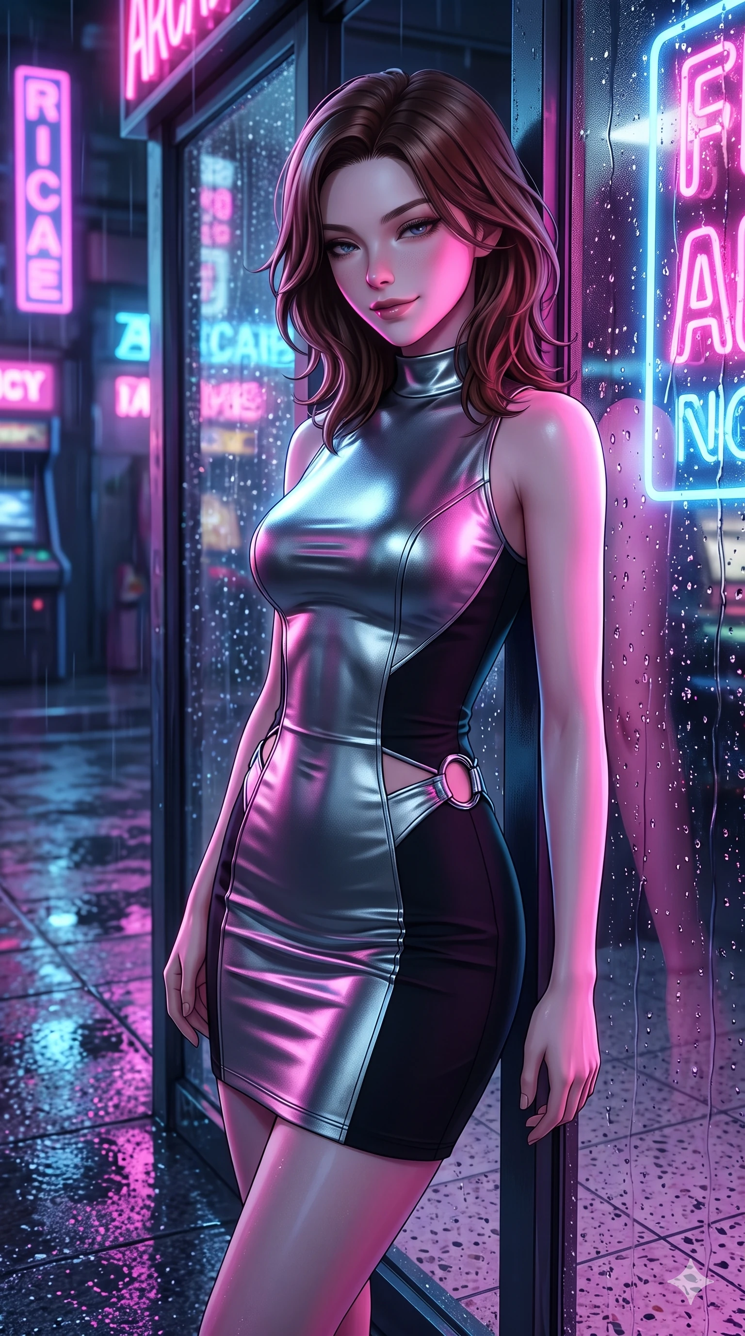 score_9, masterpiece, best quality, ultra-detailed, high-budget anime keyframe, semi-realistic 3D game render, editorial fashion photography, tasteful artistic composition, Korean woman. close-up cowboy shot from the waist and thighs up, the character dominates the composition, filling the frame with her large presence. glancing down over lowered lashes before meeting the camera with quiet, devastating intensity, her tailored outfit tracing her ultra-slim waist and hips while leaning against the wet arcade glass entrance beneath glowing anime neon signs, head tilted with a playful, flirtatious smile. The surrounding environment is rendered in vivid detail and crisp panoramic clarity: sharp neon glass tube lettering, rain droplet beads on entrance glass, and wet pavement reflection clarity in deep focus. She has an exceptionally elegant, slender, and willowy female figure with an ultra-slim waist, flat toned midriff, narrow ribcage, and sculpted feminine hips creating an alluring, slim hourglass silhouette without bulk. sharp v-shaped jawline, high-bridge nose, intricate jewel-like dark sparkling eyes with dangerous depth, thick curled eyelashes, glossy parted lips with a rich wine sheen, smoldering seductive half-smile with bedroom-eyes, exuding effortless superiority and intoxicating dark allure, flawlessly proportioned anatomical accuracy, strict slender model proportions, natural body alignment, perfectly sculpted long slender limbs, ultra-slim waistline, clean dynamic posture without body distortion. wearing a bespoke structured mock-neck evening sheath dress with crisp geometric seams in metallic liquid silver and pitch black, tailored from heavy double-faced silk georgette with an exceptionally fluid drape, accented with sculptural chrome hardware rings framing the subtle cutouts, the impeccably tailored cut draping gracefully along her slender figure with aristocratic noir poise. illuminated by wet terrazzo floor bounce and sharp neon-pink rim lights defining her razor-sharp jawline, narrow waist, and curvy hips. highly saturated vibrant anime colors, detailed shading with soft gradients, rich glossy textures, high-contrast stereoscopic depth, volumetric dynamic lighting, master piece, 9:16 ratio