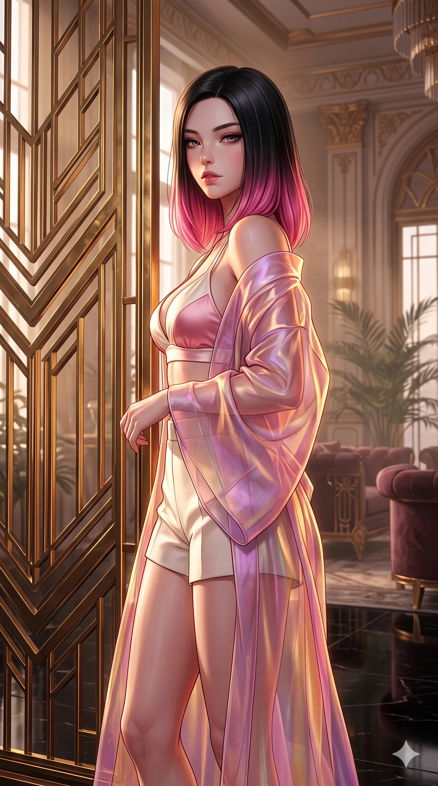 score_9, masterpiece, best quality, ultra-detailed, high-budget anime keyframe, semi-realistic 3D game render, editorial fashion photography, tasteful artistic composition, Korean woman. close-up cowboy shot from the waist and thighs up, the character dominates the composition, filling the frame with her large presence. twisting her slender torso in a deep contrapposto stance, hips dramatically shifted to accentuate her feminine curves while looking past her shoulder with smoldering bedroom-eyes while standing in a tall, confident posture beside a towering geometric brass screen, stretching her statuesque body as she arches her lower back to emphasize her sculpted feminine hips and slender waist. The background shows a soft-focus sandalwood incense haze softened in Art Deco grand salon shallow focus. She has an exceptionally elegant, slender, and willowy female figure with an ultra-slim waist, flat toned midriff, narrow ribcage, and sculpted feminine hips creating an alluring, slim hourglass silhouette without bulk. sharp v-shaped jawline, high-bridge nose, intricate jewel-like sparkling eyes with depth, thick eyelashes, glossy parted lips with a natural sheen, intensely captivating and seductive bedroom-eyes expression, exuding both youthful cute charm and sovereign luxury allure, flawlessly proportioned anatomical accuracy, strict slender model proportions, natural body alignment, perfectly sculpted long slender limbs, ultra-slim waistline, clean dynamic posture without body distortion. wearing a translucent iridescent organza kimono robe slipping off bare shoulders over a matching satin micro-bralette and micro-shorts in sakura blossom pink and warm ivory, woven from buttery-soft stretch lambskin leather adhering to her body like a second skin, finished with delicate crystal-encrusted thigh garter straps glinting in the dim light, the bespoke structured tailoring following the natural line of her 8.5-heads silhouette with refined elegance. illuminated by black lacquer floor reflections and sharp gold-amber rim lights sculpting her razor-sharp jawline, narrow waist, and curvy hips. highly saturated vibrant anime colors, detailed shading with soft gradients, rich glossy textures, high-contrast stereoscopic depth, volumetric dynamic lighting, master piece, 9:16 ratio