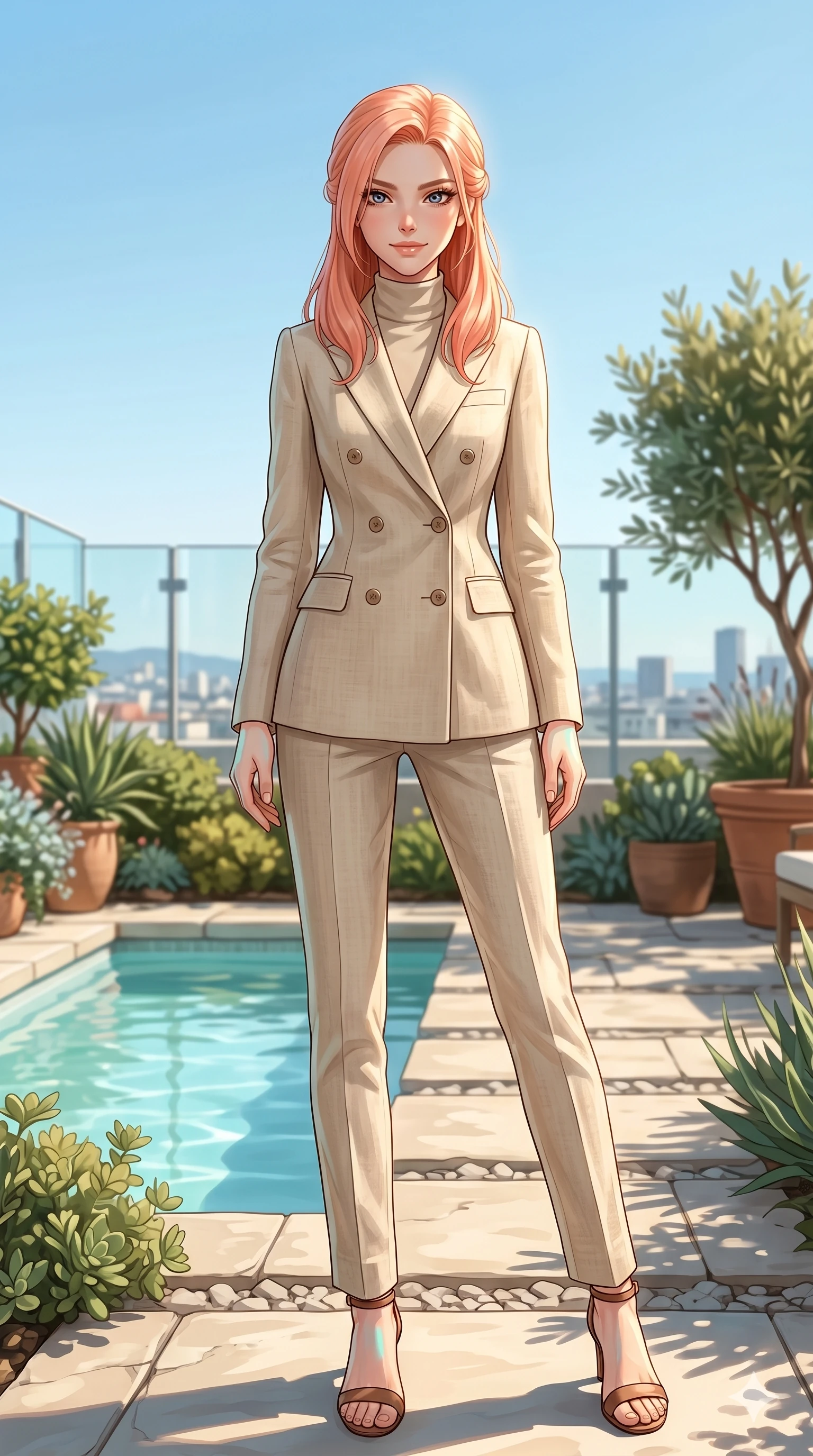 score_9, masterpiece, best quality, ultra-detailed, high-budget anime keyframe, editorial fashion photography, tasteful artistic composition, Japanese woman. low angle full-body shot from head to toe showing her feet, filling the entire 9:16 vertical frame with her statuesque presence, stretching her vertical silhouette. posing with quiet magnetic self-assurance, looking directly into the lens with a confident grin on a private rooftop garden with a warm summer breeze at midday (Code-P19-046). She has an absolutely perfect 8-heads proportion, an exceptionally tall and slender female figure with impossibly long slender legs and an ultra-slim waist. V-shaped jawline, high-bridge nose, intricate jewel-like eyes with depth, thick eyelashes, glossy lips with a natural sheen. wearing a high-neck double-breasted linen blazer with matching trousers in sand. soft aqua light reflecting from the shallow reef, making her skin glow. 2k, ultra detail, master piece, 9:16 ratio