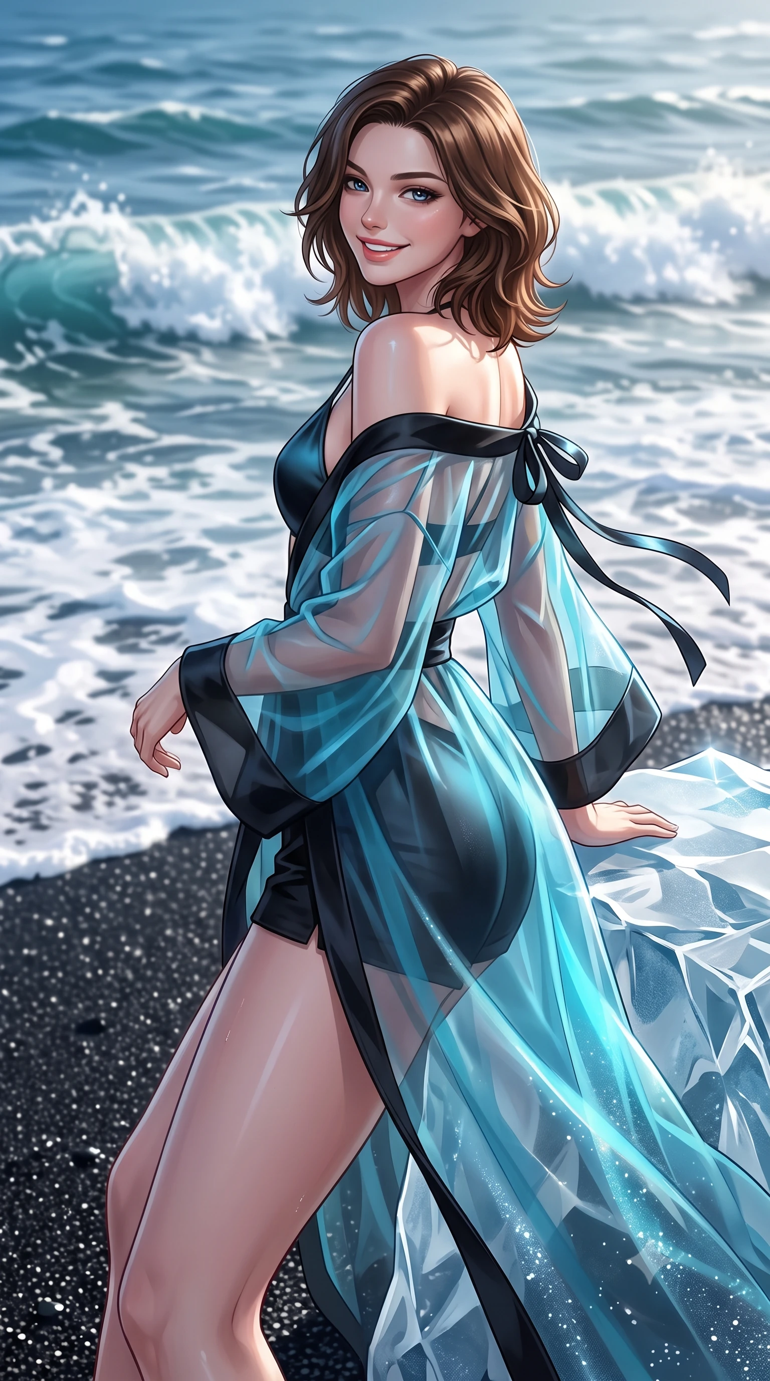 score_9, masterpiece, best quality, ultra-detailed, high-budget anime keyframe, editorial fashion photography, tasteful artistic composition, Korean woman. close-up cowboy shot from the waist and thighs up, the character dominates the composition, filling the frame with her large presence. posing in an alluring rear three-quarter angle, looking over a bare shoulder with parted glossy lips, her hips cocked back to highlight her slim hourglass curve while leaning against the smooth glacial ice sculpture with hips cocked back, looking over rolling ocean breakers with smoldering bedroom-eyes. The surrounding environment is rendered in vivid detail and crisp panoramic clarity: sharp crystalline ice facet transparency, fine wet black sand grains, and bubbling sea foam edges in deep focus. She has an exceptionally elegant, slender, and willowy female figure with an ultra-slim waist, flat toned midriff, narrow ribcage, and sculpted feminine hips creating an alluring, slim hourglass silhouette without bulk. sharp v-shaped jawline, high-bridge nose, intricate jewel-like sparkling eyes with depth, thick eyelashes, glossy parted lips with a natural peach sheen, bright cheerful beaming smile with an enchanting and coquettish sensual glint, exuding both youthful cute charm and seductive allure, flawlessly proportioned anatomical accuracy, strict slender model proportions, natural body alignment, perfectly sculpted long slender limbs, ultra-slim waistline, clean dynamic posture without body distortion. wearing a sheer silk organza modern kimono robe worn loose and slipping off bare shoulders over a matching satin bralette and micro-shorts in Icelandic geothermal cyan and volcanic basalt obsidian, crafted from translucent silk organza with an ethereal crystalline sheen, finished with satin ribbon ties at the shoulders fluttering in the gentle breeze, the second-skin tailored fabric adhering flawlessly to her sculpted flat midriff and slender torso, emphasizing her long leg lines and perfectly proportioned willowy build. illuminated by ice crystal specular refraction and sharp diamond-silver rim lights defining her dewy collarbones, ultra-slim waist, and curvy hips. ultra-reflective glossy finish, specular highlights, rich textural contrasts, high-contrast stereoscopic depth, volumetric dynamic lighting, 2k, ultra detail, master piece, 9:16 ratio