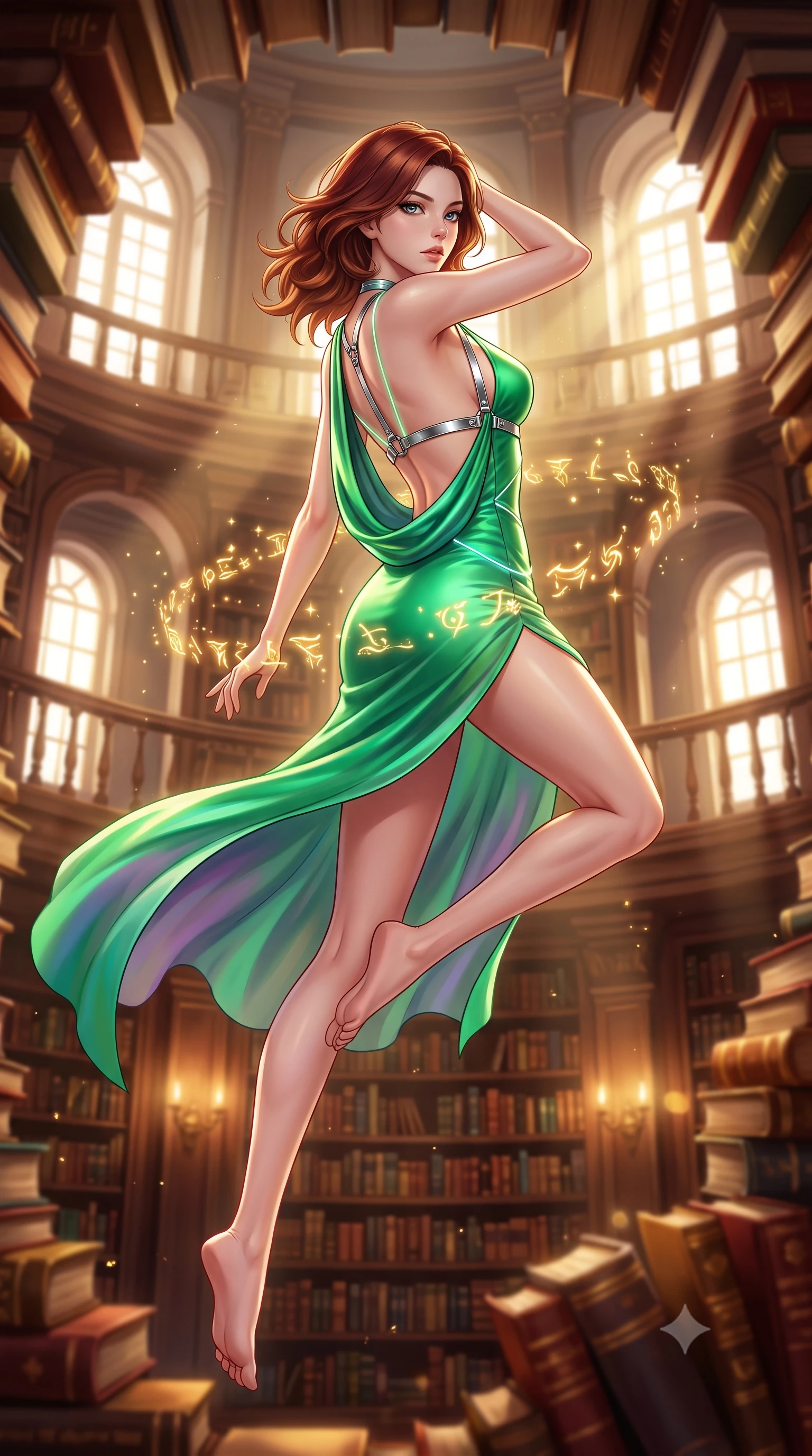 score_9, masterpiece, best quality, ultra-detailed, high-budget anime keyframe, semi-realistic 3D game render, editorial fashion photography, tasteful artistic composition, Korean woman. low angle full-body shot from head to toe showing her feet, filling the entire 9:16 vertical frame with her statuesque presence, stretching her vertical silhouette. leaping through mid-air with an athletic yet alluring arch of her spine, her impossibly long slender legs stretched in flawless poise while pivoting dynamically in a multi-story book rotunda as golden magical glyphs and sunbeams dance around her waist. The composition keeps background elements in soft focus with creamy bokeh. thousands of vintage leather and gold book spines blurred into rich mahogany and amber bokeh. She has an absolutely perfect, statuesque 8.5-heads proportion, an exceptionally tall and slender model-like female figure with impossibly long slender legs, a toned flat midriff, and an ultra-slim waist. sharp v-shaped jawline, high-bridge nose, intricate jewel-like eyes with depth, thick eyelashes, glossy lips with a natural sheen, flawlessly proportioned anatomical accuracy, strict slender model proportions, natural body alignment, perfectly sculpted long slender limbs, ultra-slim waistline, clean dynamic posture without body distortion. wearing a precision-fitted liquid jersey bodycon dress with a dramatic draped cowl back that swoops down to her waist and a high side slit in bright emerald green satin and gold hardware, made of smooth iridescent silk chiffon that shifts colors with movement, reinforced by a sleek metallic chrome harness and delicate glowing micro-straps, the form-contouring material adhering flawlessly to her sculpted flat midriff and slender torso, emphasizing her long leg lines and perfectly proportioned willowy build. bathed in dramatic volumetric golden sunbeams streaming through tall arched windows. highly saturated vibrant anime colors, detailed shading with soft gradients, rich glossy textures, high-contrast stereoscopic depth, volumetric dynamic lighting, master piece, 9:16 ratio