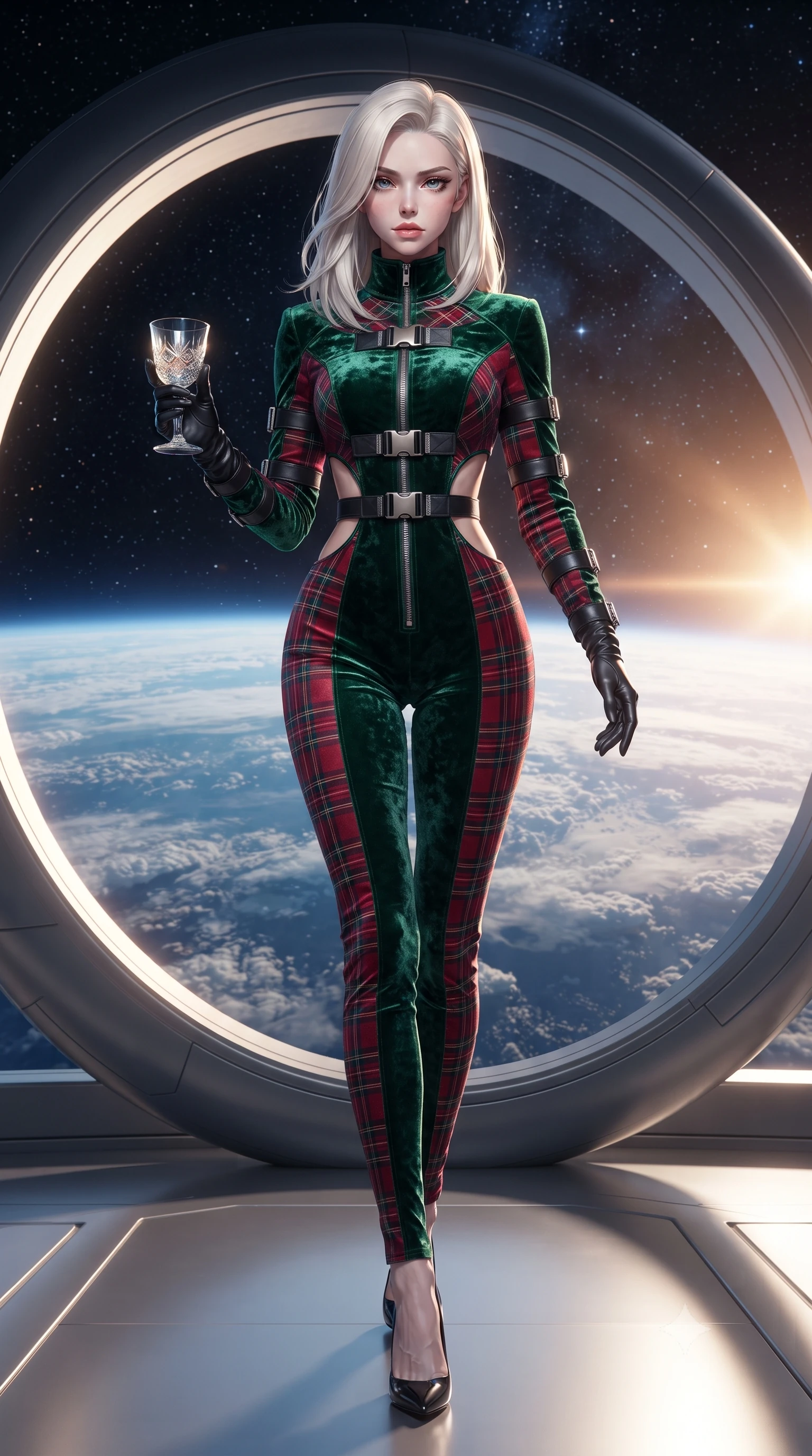 score_9, masterpiece, best quality, ultra-detailed, high-budget anime keyframe, editorial fashion photography, tasteful artistic composition, Caucasian woman. low angle full-body shot from head to toe showing her feet, filling the entire 9:16 vertical frame with her statuesque presence, stretching her vertical silhouette. striding forward in a proud supermodel runway stride, hips swaying in an alluring kinetic rhythm that accentuates her curvy hourglass silhouette while floating weightlessly beside an architectural titanium lounge ring, arching her spine in a fluid, dancer-like line as orbital sunrise floods her silhouette. The surrounding environment is rendered in vivid detail and crisp panoramic clarity. detailed aerodynamic space fabric sheen, Earth cloud filament clarity, and starlight reflections in high resolution. She has an exceptionally tall and slender model-like 8.5-heads proportion, an ultra-slim waist, a flat toned midriff, narrow delicate ribcage, and beautifully sculpted feminine hips creating a graceful, slim hourglass silhouette without any bulky heaviness, with impossibly long slender legs. sharp v-shaped jawline, high-bridge nose, intricate jewel-like eyes with depth, thick eyelashes, glossy parted lips with a natural sheen, intensely captivating and seductive bedroom-eyes expression, flawlessly proportioned anatomical accuracy, strict slender model proportions, natural body alignment, perfectly sculpted long slender limbs, ultra-slim waistline, clean dynamic posture without body distortion. wearing a high-collar speedsuit featuring bold side-torso cutouts and quick-release titanium buckles in deep emerald green velvet and royal tartan crimson, crafted from heavyweight crushed silk velvet with liquid vintage luster, accessorized with opera-length satin gloves and a vintage crystal glass, the liquid-tight tailored fabric clinging flawlessly to her narrow waist and rounded feminine hips, emphasizing every millimeter of her sculpted slim hourglass curves without any bulky heaviness. illuminated by sleek metallic specular reflections sharply defining her bare collarbones, ultra-slim waist, and curvy hips. ultra-reflective glossy finish, specular highlights, rich textural contrasts, high-contrast stereoscopic depth, volumetric dynamic lighting, 2k, ultra detail, master piece, 9:16 ratio