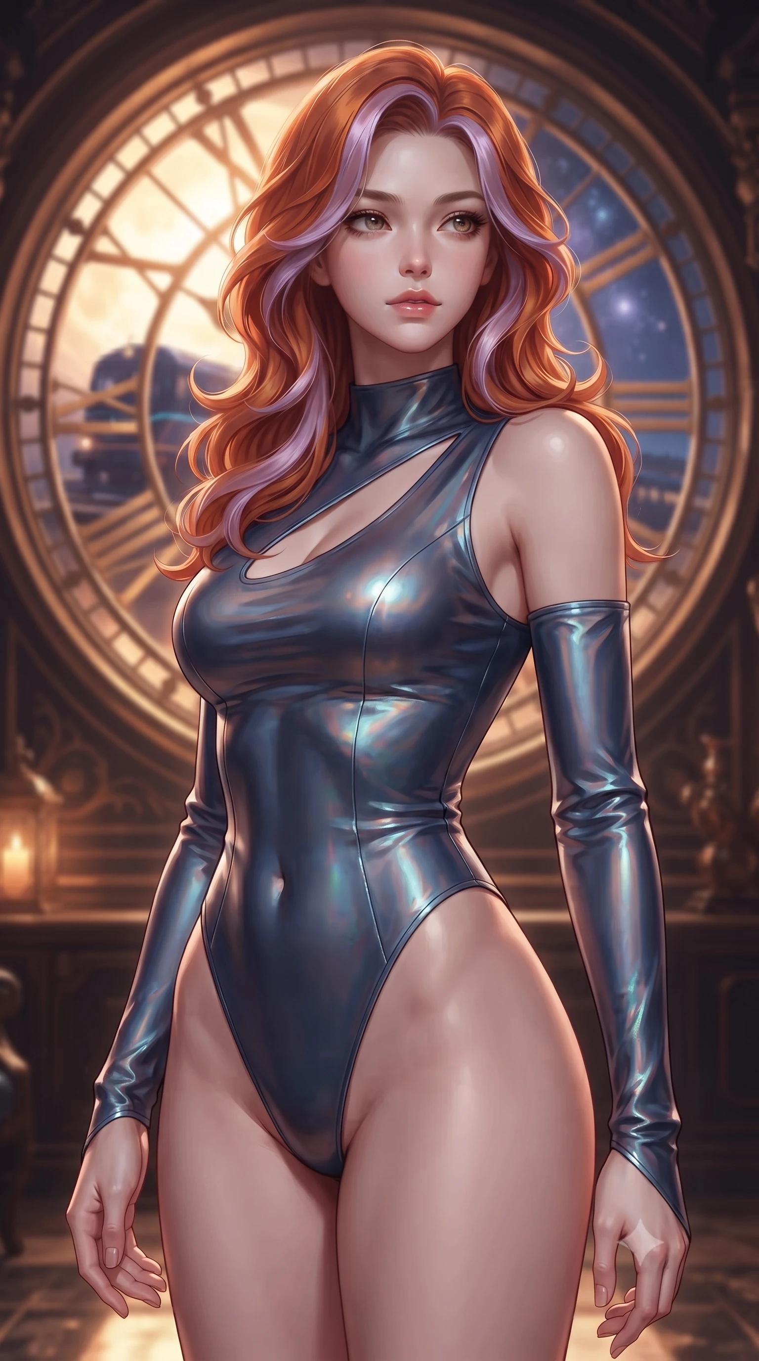 score_9, masterpiece, best quality, ultra-detailed, high-budget anime keyframe, editorial fashion photography, tasteful artistic composition, Caucasian woman. close-up cowboy shot from the waist and thighs up, the character dominates the composition, filling the frame with her large presence, background elements kept in soft focus. Gazing past the camera with an air of effortless elegance and mysterious confidence gazing out a massive circular clock window at a twilight galaxy express train, dramatic twilight amber light streaming through the giant clock window. She has an exceptionally elegant, slender, and willowy female figure with an ultra-slim waist, a gracefully sculpted slender torso, and a refined silhouette. sharp v-shaped jawline, high-bridge nose, intricate jewel-like eyes with depth, thick eyelashes, glossy lips with a natural sheen. wearing an asymmetrical high-cut tech-bodysuit with detached sleeves in midnight navy blue and chrome trim, crafted from iridescent chiffon that shifts colors in the light, accented with a Tasteful chest slit framing her clavicle gracefully, the form-contouring material highlighting her ultra-slim waist and long lines. surrounded by warm hearth light and dramatic bronze rim highlights. ultra-reflective glossy finish, specular highlights, metallic sheen, high-contrast stereoscopic depth, volumetric dynamic lighting, 2k, ultra detail, master piece, 9:16 ratio
