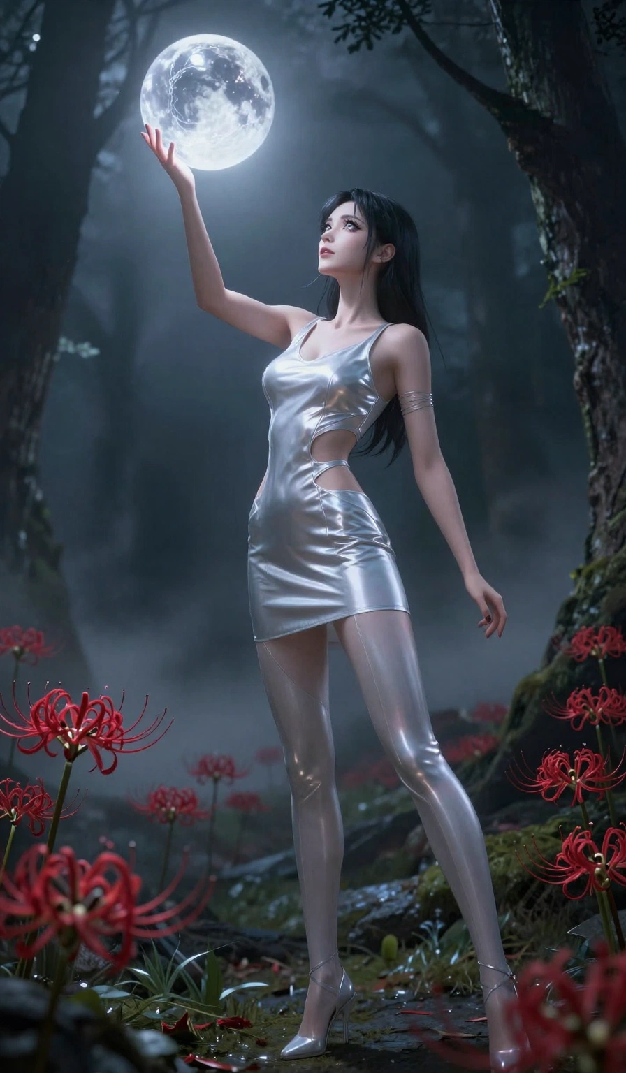 score_9, masterpiece, best quality, ultra-detailed, High-budget Anime Keyframe, East Asian woman. Dynamic full-body shot stretching the vertical silhouette to the limit. Scenario 472: reaching out to catch a floating sphere of liquid light in a misty dark forest under a crescent moon with red spider lilies blooming. Her presence is magnetic and overpowering in this high-budget anime scene. Outfit 472: a slim-fit liquid silver shimmering chiffon catsuit with strategic waist cut-outs and slender leg straps. The clothing is designed to emphasize her exceptionally tall and slender 8-heads proportion. 8-heads proportion, towering silhouette, ultra-slim waist. sharp v-shaped jawline, intricate jewel-like eyes with depth, thick eyelashes, glossy lips. 2k, ultra detail, master piece, 9:16 ratio