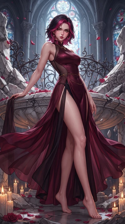 score_9, masterpiece, best quality, ultra-detailed, high-budget anime keyframe, editorial fashion photography, tasteful artistic composition, Caucasian woman. low angle full-body shot from head to toe showing her feet, filling the entire 9:16 vertica