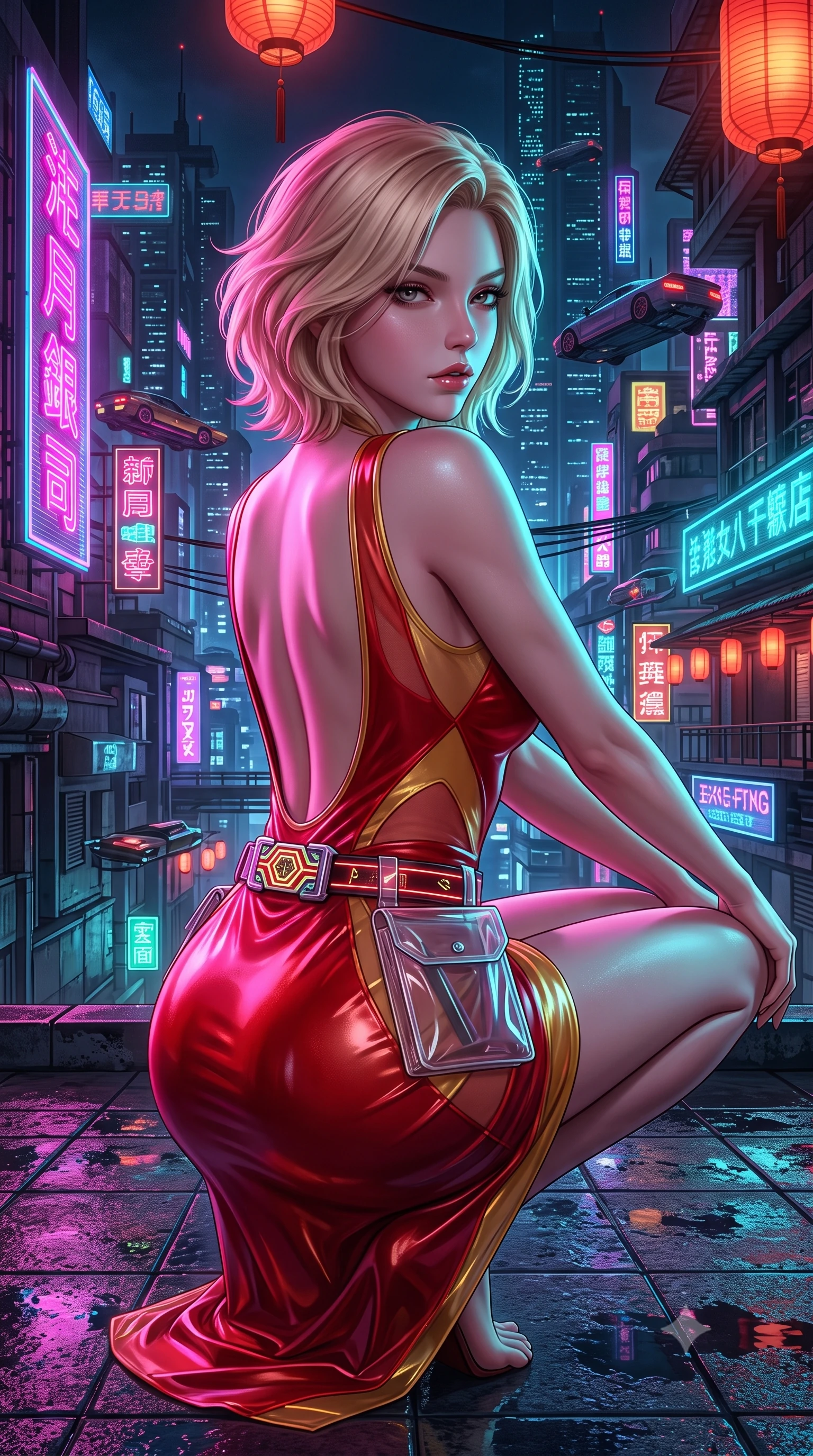 score_9, masterpiece, best quality, ultra-detailed, high-budget anime keyframe, semi-realistic 3D game render, editorial fashion photography, tasteful artistic composition, Caucasian woman. close-up cowboy shot from the waist and thighs up, the character dominates the composition, filling the frame with her large presence. leaning back with relaxed seductive grace, her sculpted collarbones and narrow waist highlighted as she casts smoldering bedroom-eyes directly into the camera while crouching low on the wet tiled rooftop terrace with back turned slightly to the lens, glancing back with smoldering bedroom-eyes and parted lips. The surrounding environment is rendered in vivid detail and crisp panoramic clarity. intense Wong Kar-wai inspired neo-noir chiaroscuro and atmospheric cyberpunk metropolis aesthetics in precision. She has an exceptionally elegant, slender, and willowy female figure with an ultra-slim waist, a gracefully sculpted slender torso, toned flat midriff, and rounded feminine hips creating an alluring hourglass silhouette. sharp v-shaped jawline, high-bridge nose, intricate jewel-like eyes with depth, thick eyelashes, glossy parted lips with a natural sheen, intensely captivating and seductive bedroom-eyes expression, flawlessly proportioned anatomical accuracy, strict slender model proportions, natural body alignment, perfectly sculpted long slender limbs, ultra-slim waistline, clean dynamic posture without body distortion. wearing a form-contouring wet-look silk wrap dress with asymmetrical sheer mesh cutouts in imperial vermilion red and liquid gold, made of semi-translucent cybernetic vinyl with glowing micro-filaments, finished with a neon LED belt buckle and translucent vinyl tool pouch, the dramatically scooped open back descending to the base of her spine, accentuating her razor-sharp statuesque lines and curvy hourglass silhouette. bathed in vibrant magenta and electric cyan neon light contrasting with warm lantern scarlet downlights. highly saturated vibrant anime colors, detailed shading with soft gradients, rich glossy textures, high-contrast stereoscopic depth, volumetric dynamic lighting, master piece, 9:16 ratio