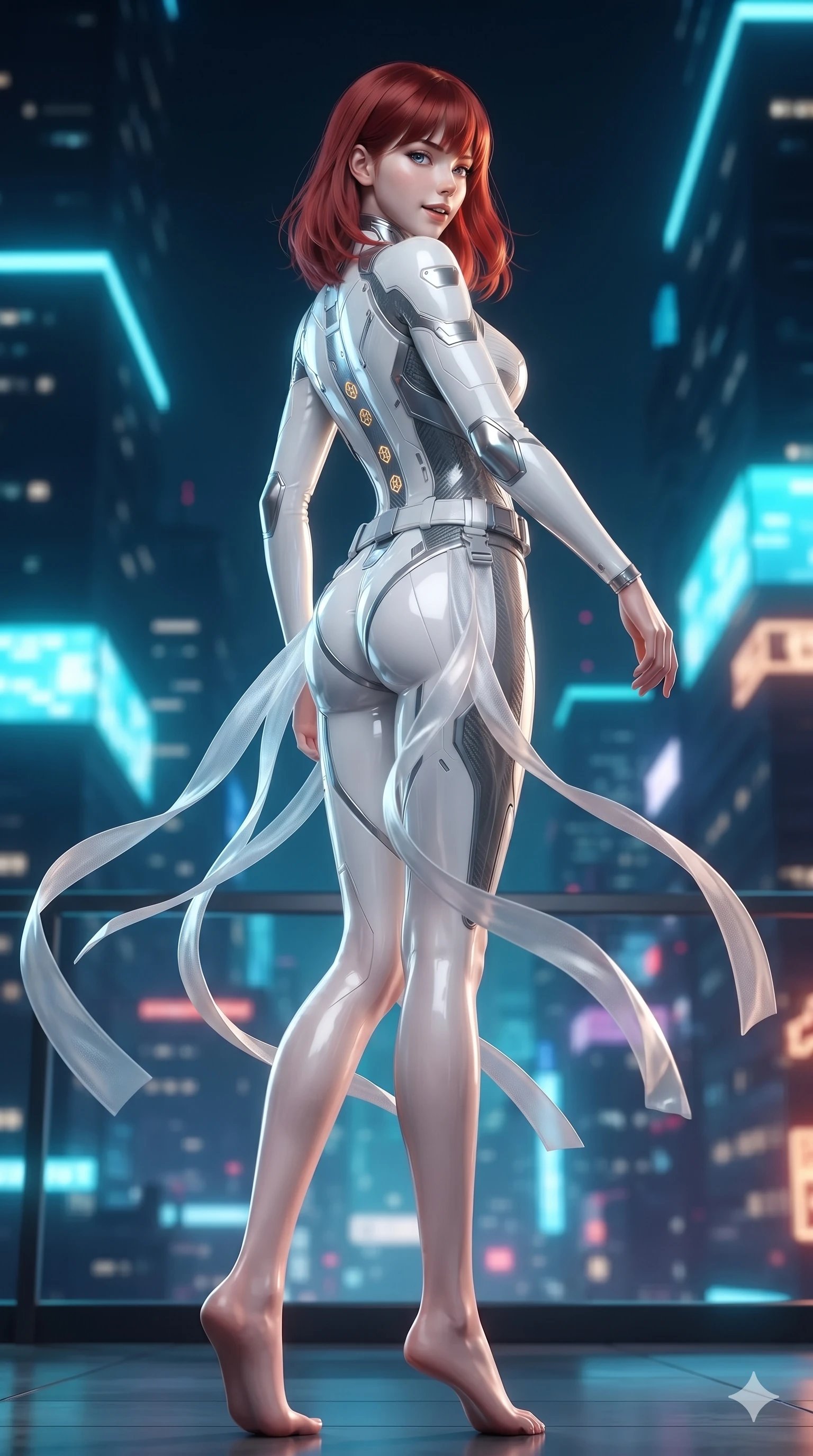 score_9, masterpiece, best quality, ultra-detailed, high-budget anime keyframe, editorial fashion photography, tasteful artistic composition, Caucasian woman. low angle full-body shot from head to toe showing her feet, filling the entire 9:16 vertical frame with her statuesque presence, stretching her vertical silhouette. executing a cheerful mid-motion pivot turn as her tactical belt and ribbons flutter around her slender legs, glancing over her shoulder with an intoxicating, teasing bedroom-gaze while twisting her slender torso in an alluring S-curve, pulsing cyber-skyline light and golden dice glyphs tracing her flat midriff and hourglass curves. The surrounding environment is rendered in vivid detail and crisp panoramic clarity: detailed bodycon evening tailoring, metallic chain straps, and futuristic penthouse architecture in razor-sharp clarity. She has an absolutely perfect, statuesque 8.5-heads proportion, an exceptionally tall and slender model-like female figure with impossibly long slender legs, an ultra-slim waist, a flat toned midriff, narrow delicate ribcage, and beautifully sculpted feminine hips creating a graceful, slim hourglass silhouette without any bulky heaviness. sharp v-shaped jawline, high-bridge nose, intricate jewel-like sparkling eyes with depth, thick eyelashes, glossy parted lips with a natural sheen, bright confident smile with an enchanting and coquettish sensual glint, exuding both youthful magnetic charm and sovereign high-tech allure, flawlessly proportioned anatomical accuracy, strict slender model proportions, natural body alignment, perfectly sculpted long slender limbs, ultra-slim waistline, clean dynamic posture without body distortion. wearing a glossy vinyl and carbon-fiber hybrid bodysuit with a plunging neckline and high-cut leg openings in pure alabaster white and brushed silver accents, tailored from brushed aeronautical titanium alloy with matte satin sheen, featuring fine criss-cross lace-up side ties revealing tantalizing glimpses of her hip curve, the impeccably tailored cut draping gracefully along her slender figure with aristocratic poise. illuminated by bar top reflections and sharp gold-cyan rim lights defining her razor-sharp jawline, narrow waist, and curvy hips. ultra-reflective glossy finish, specular highlights, rich textural contrasts, high-contrast stereoscopic depth, volumetric dynamic lighting, 2k, ultra detail, master piece, 9:16 ratio