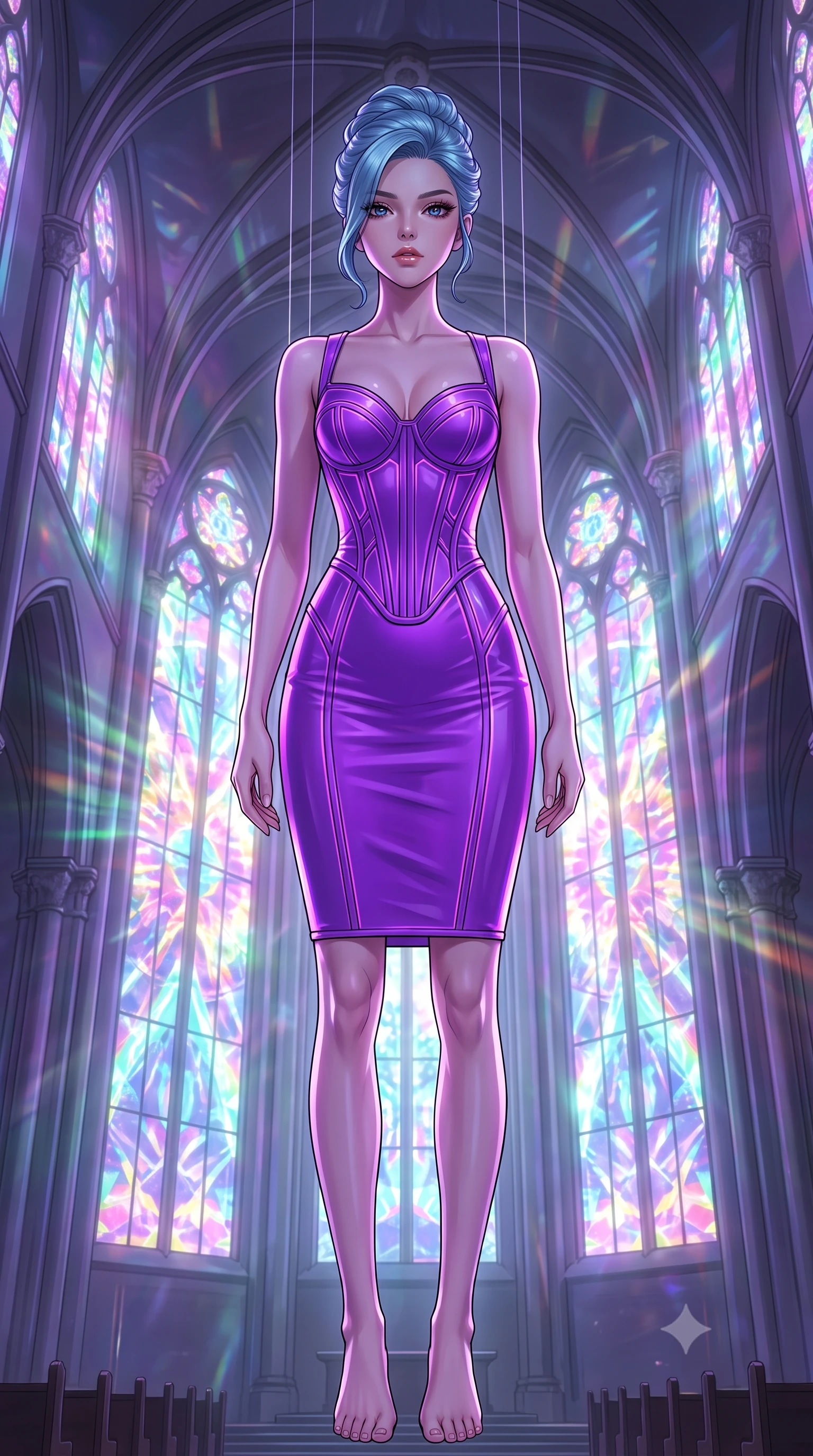 score_9, masterpiece, best quality, ultra-detailed, High-budget Anime Keyframe, East Asian woman. Low angle cowboy shot filling the entire 9:16 frame with her statuesque presence. Scenario 506: suspended by invisible silk threads inside a futuristic cathedral with holographic stained-glass windows. Her presence is magnetic and overpowering in this high-budget anime scene. Outfit 506: a body-hugging neon violet matte vinyl corset dress layered over a structured corset bodice. The clothing is designed to emphasize her exceptionally tall and slender 8-heads proportion. 8-heads proportion, towering silhouette, ultra-slim waist. sharp v-shaped jawline, intricate jewel-like eyes with depth, thick eyelashes, glossy lips. 2k, ultra detail, master piece, 9:16 ratio