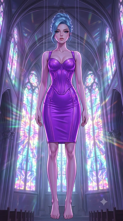 score_9, masterpiece, best quality, ultra-detailed, High-budget Anime Keyframe, East Asian woman. Low angle cowboy shot filling the entire 9:16 frame with her statuesque presence. Scenario 506: suspended by invisible silk threads inside a futuristic 