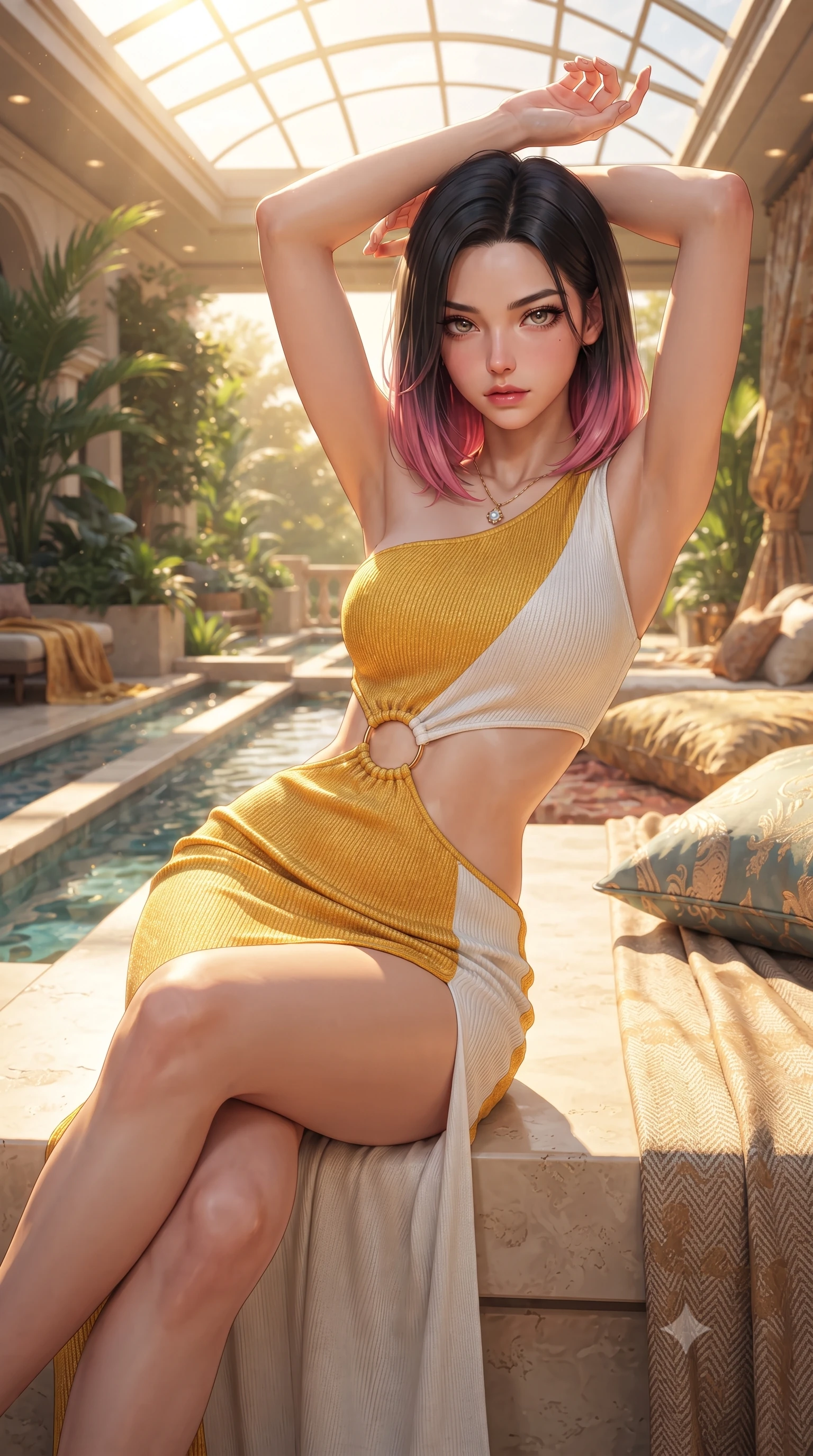 score_9, masterpiece, best quality, ultra-detailed, high-budget anime keyframe, editorial fashion photography, tasteful artistic composition, Korean woman. close-up cowboy shot from the waist and thighs up, the character dominates the composition, filling the frame with her large presence. arching her back languidly with arms stretching overhead, highlighting her narrow waist and feminine silhouette in pure supermodel elegance while reclining on the sunlit terrace with legs crossed, basking in warm golden sunbeams that illuminate her toned midriff. The surrounding environment is rendered in vivid detail and crisp panoramic clarity. detailed architectural greenery, flowing water channels, and fabric textures in crisp panoramic resolution. She has an exceptionally elegant, slender, and willowy female figure with an ultra-slim waist, a gracefully sculpted slender torso, toned flat midriff, and a refined slim silhouette. sharp v-shaped jawline, high-bridge nose, intricate jewel-like eyes with depth, thick eyelashes, glossy parted lips with a natural sheen, intensely captivating and seductive expression, flawlessly proportioned anatomical accuracy, strict slender model proportions, natural body alignment, perfectly sculpted long slender limbs, ultra-slim waistline, clean dynamic posture without body distortion. wearing a modern goddess one-shoulder liquid-knit gown with an exposed midriff ring cutout in vibrant sunflower gold and crisp white, crafted from gold-threaded rib-knit fabric that contours her curves, complemented by a dainty solar crystal pendant resting near her collarbone, the relaxed yet flattering fit accentuating her naturally graceful and slender figure, highlighting her tall statuesque proportions. bathed in glorious golden hour sunlight streaming through the solar glass ceiling. ultra-reflective glossy finish, specular highlights, rich textural contrasts, high-contrast stereoscopic depth, volumetric dynamic lighting, 2k, ultra detail, master piece, 9:16 ratio