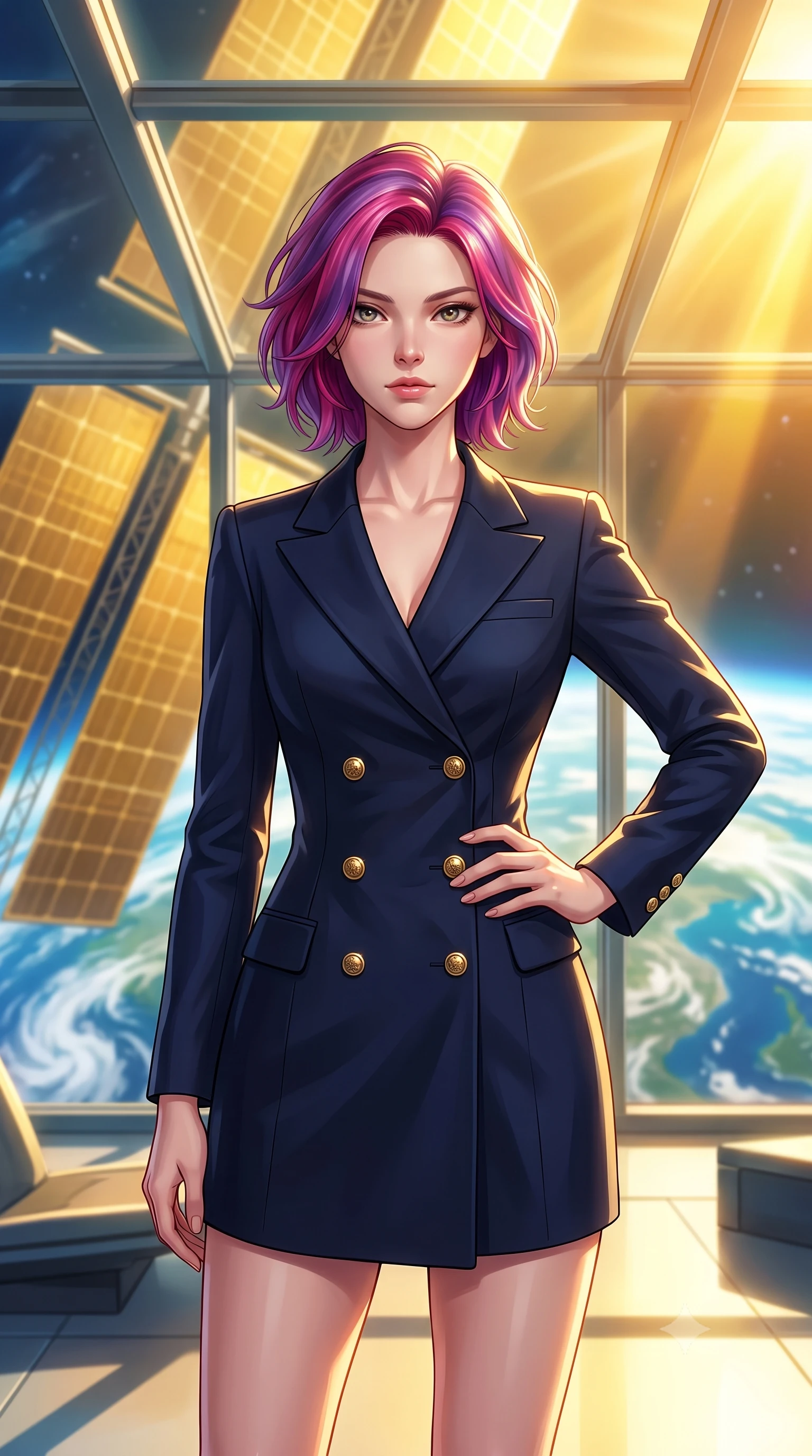 score_9, masterpiece, best quality, ultra-detailed, high-budget anime keyframe, editorial fashion photography, tasteful artistic composition, Caucasian woman woman. close-up cowboy shot from the waist and thighs up, the character dominates the composition, filling the frame with her large presence, background elements kept in soft focus. She has an exceptionally elegant, slender, and willowy female figure with an ultra-slim waist, a gracefully sculpted slender torso, and a refined silhouette. holding a confident power pose with one hand on her hip, looking directly into the camera with quiet self-assurance, flawlessly proportioned anatomical accuracy, natural body alignment, perfectly sculpted elegant limbs, clean dynamic posture without body distortion. set against a soft-focus background of an orbital solarium deck with giant gold solar panels overlooking Earth. wearing a sophisticated navy double-breasted blazer dress with gold button accents. bathed in intense golden hour solar light slicing through glass ceiling panels. highly saturated vibrant anime colors, detailed shading with soft gradients, rich glossy textures, high-contrast stereoscopic depth, volumetric dynamic lighting, master piece, 9:16 ratio