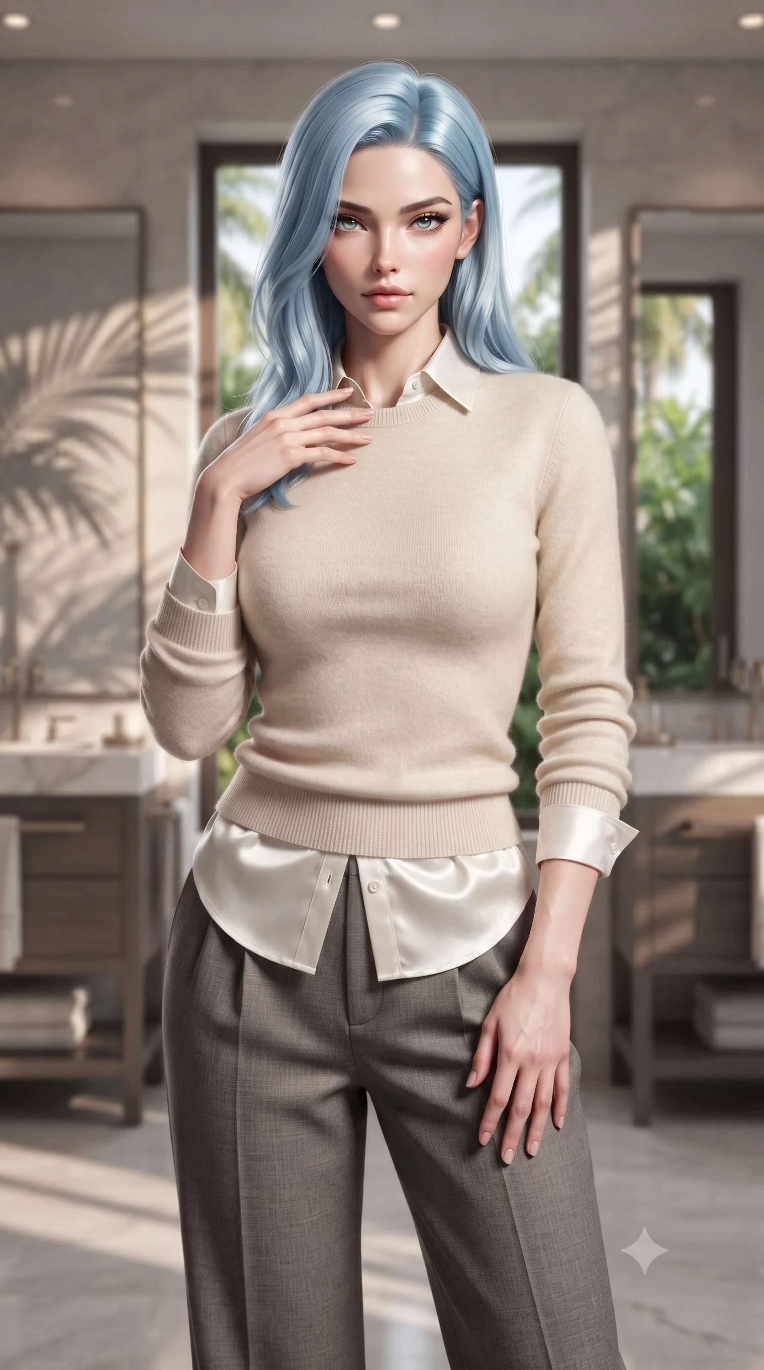 score_9, masterpiece, best quality, ultra-detailed, high-budget anime keyframe, editorial fashion photography, tasteful artistic composition, Korean woman woman. close-up cowboy shot from the waist and thighs up, the character dominates the composition, filling the frame with her large presence, background elements kept in soft focus. standing with one hand resting on her collarbone, looking at the viewer with bedroom-eyes the background shows a soft-focus a resort bathroom with double vanities, large mirrors, and view of tropical garden. She has an exceptionally elegant, slender, and willowy female figure with an ultra-slim waist, a gracefully sculpted slender torso, and a refined silhouette. sharp v-shaped jawline, high-bridge nose, intricate jewel-like eyes with depth, thick eyelashes, glossy lips with a natural sheen. wearing a body-hugging comfortable cream cashmere knit sweater worn over a white silk button-down shirt and relaxed slacks. soft morning sunrays casting elegant shadows of palm leaves across the mirrors. ultra-reflective glossy finish, specular highlights, metallic sheen, high-contrast stereoscopic depth, volumetric dynamic lighting, 2k, ultra detail, master piece, 9:16 ratio