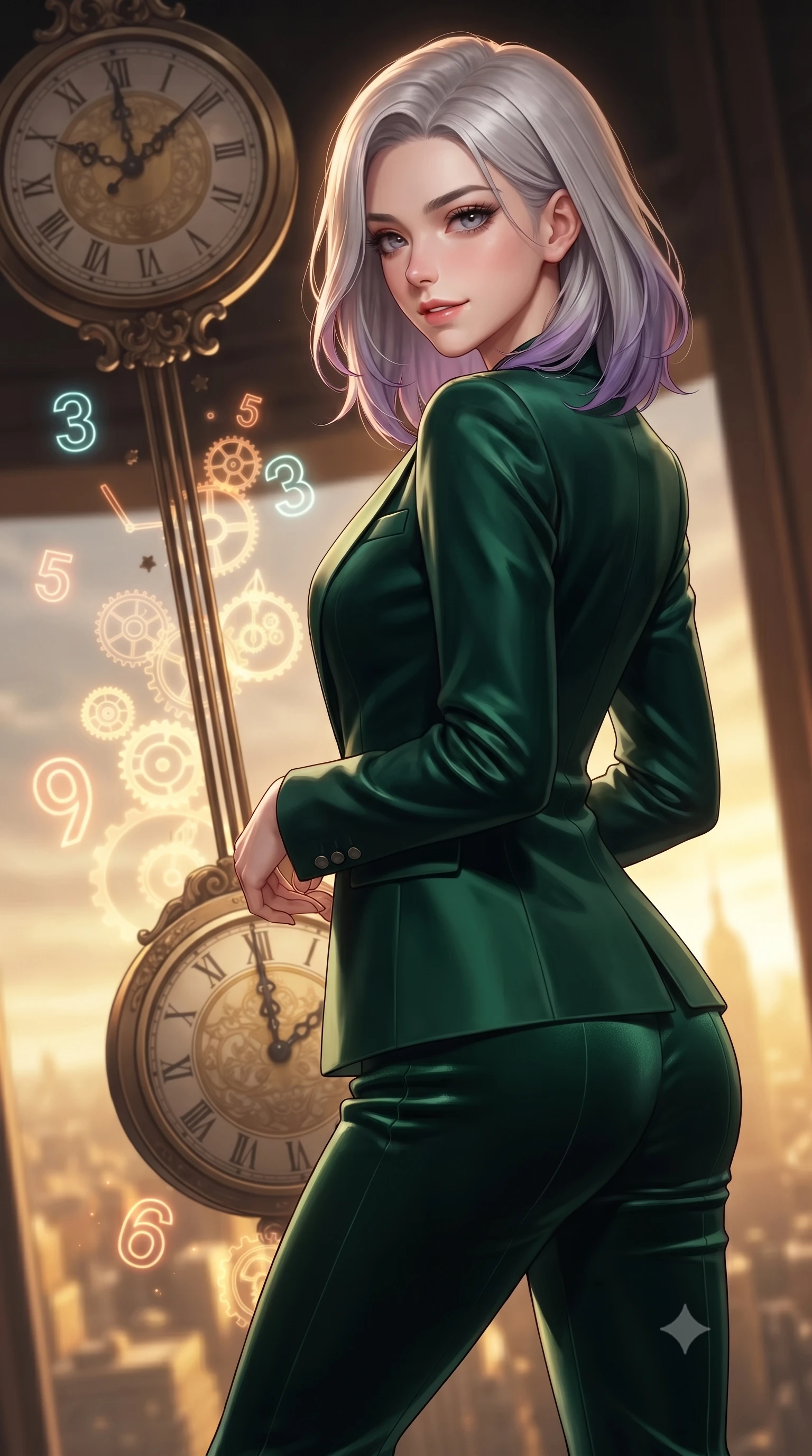 score_9, masterpiece, best quality, ultra-detailed, high-budget anime keyframe, editorial fashion photography, tasteful artistic composition, Caucasian woman. close-up cowboy shot from the waist and thighs up, the character dominates the composition, filling the frame with her large presence, background elements kept in soft focus. Glancing sidelong over her shoulder with a smoldering half-smile and heavy lashes poised on a massive mechanical clock pendulum swinging over a golden city, glowing neon clock numbers floating in the air with vintage elegancy. She has an exceptionally elegant, slender, and willowy female figure with an ultra-slim waist, a gracefully sculpted slender torso, and a refined silhouette. sharp v-shaped jawline, high-bridge nose, intricate jewel-like eyes with depth, thick eyelashes, glossy lips with a natural sheen. wearing a tailored silk blazer over a form-contouring top and fitted slacks in deep emerald green and silver accent, made of premium stretch velvet with a rich sheen, accented with a Tasteful chest slit framing her clavicle gracefully, the elegant draped fit framing her graceful clavicle and slender torso. surrounded by warm hearth light and dramatic bronze rim highlights. highly saturated vibrant anime colors, detailed shading with soft gradients, rich glossy textures, high-contrast stereoscopic depth, volumetric dynamic lighting, master piece, 9:16 ratio