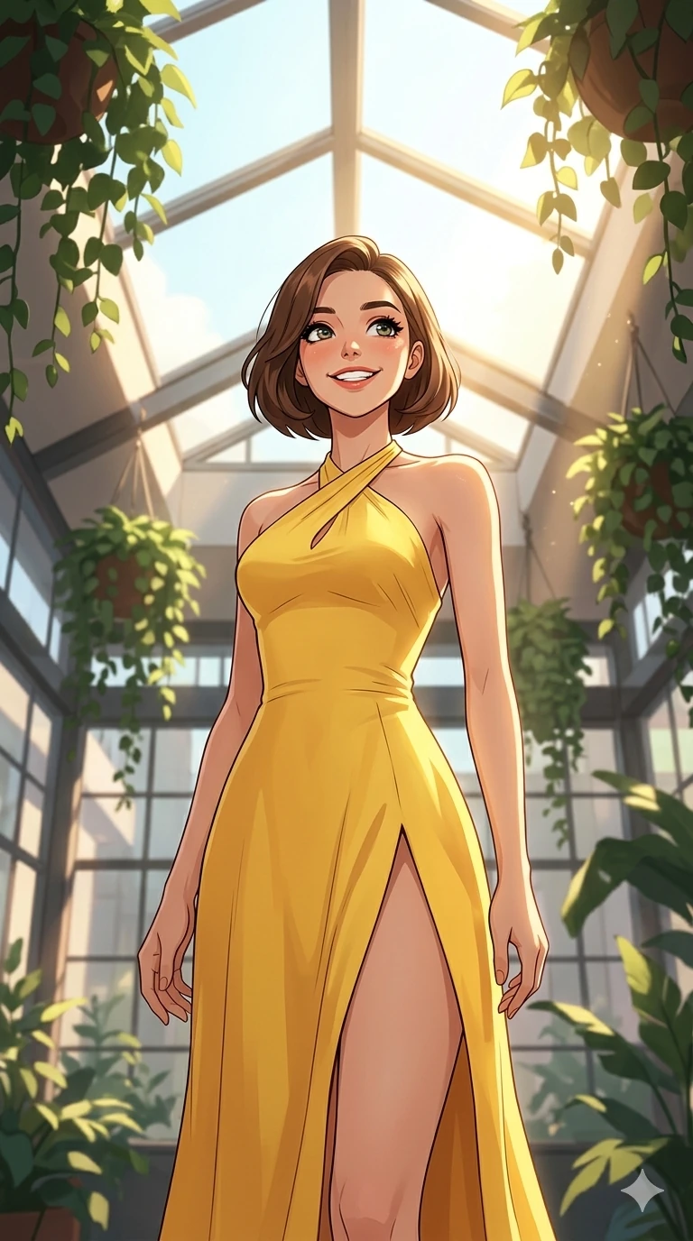 score_9, masterpiece, best quality, ultra-detailed, high-budget anime keyframe, editorial fashion photography, tasteful artistic composition, Caucasian woman, strictly human ears. cowboy shot from the thighs up, character and outfit filling the frame for maximum editorial presence. looking up at the sky with a bright, playful grin and cheerful eyes inside an atrium with a large skylight and hanging green plants. She has an absolutely perfect 8-heads proportion, an exceptionally tall and slender female figure with impossibly long slender legs and an ultra-slim waist. V-shaped jawline, high-bridge nose, intricate jewel-like eyes with depth, thick eyelashes, glossy lips with a natural sheen. wearing a yellow summer dress with a graceful halter neck and a high-cut front slit. bathed in warm afternoon sunbeams filtering through the skylight, casting soft shadows. 2k, ultra detail, master piece, 9:16 ratio