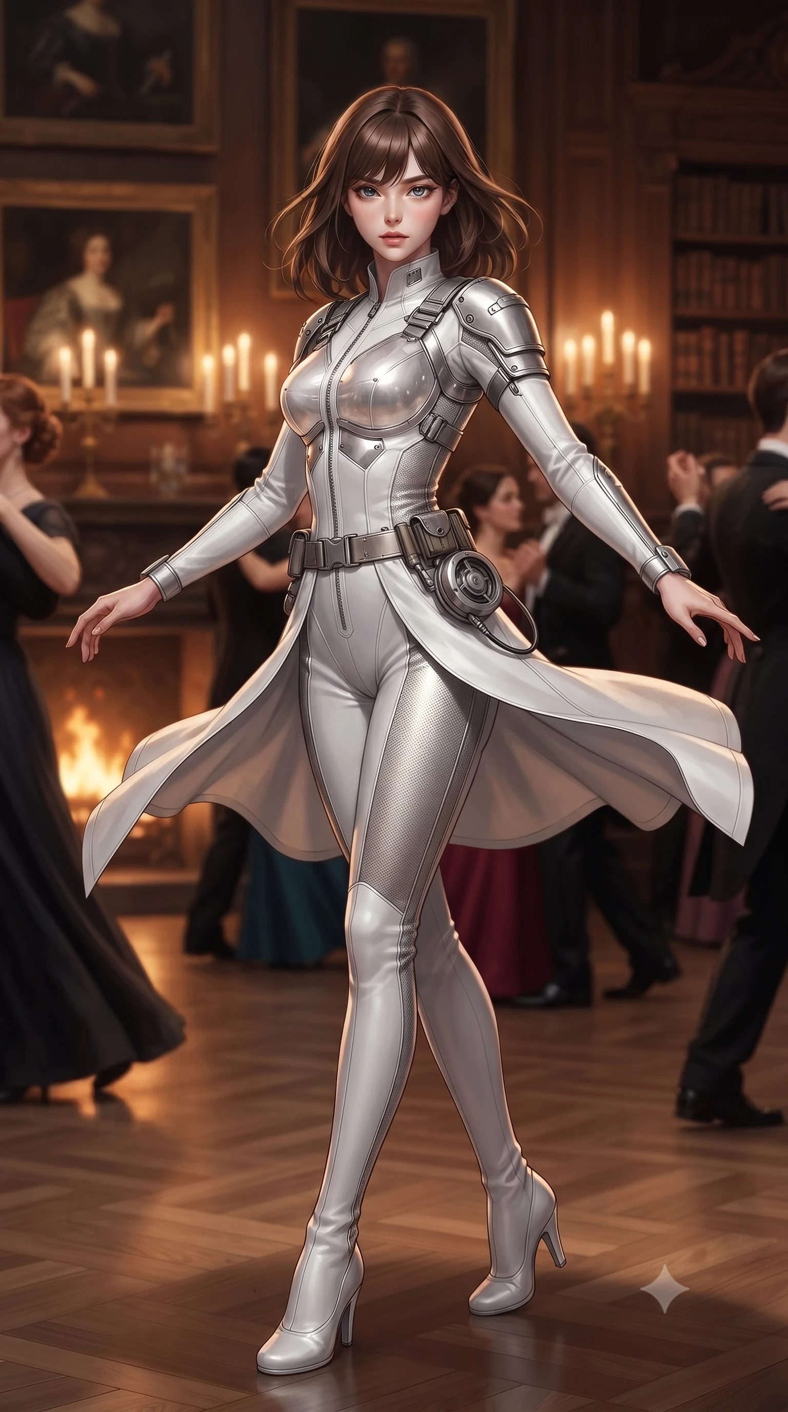score_9, masterpiece, best quality, ultra-detailed, high-budget anime keyframe, editorial fashion photography, tasteful artistic composition, Korean woman. low angle full-body shot from head to toe showing her feet, filling the entire 9:16 vertical frame with her statuesque presence, stretching her vertical silhouette. executing an elegant mid-motion spin with effortless grace, her garments fluttering softly around her ultra-slim waistline while twirling on the crowded ballroom dance floor with a target diplomat, her smoldering gaze masking her lethal undercover mission. The composition keeps background elements in soft focus with creamy bokeh. antique oil paintings and carved baroque wooden library shelves softened in romantic shallow focus. She has an absolutely perfect, statuesque 8.5-heads proportion, an exceptionally tall and slender model-like female figure with impossibly long slender legs, a toned flat midriff, and an ultra-slim waist. sharp v-shaped jawline, high-bridge nose, intricate jewel-like eyes with depth, thick eyelashes, glossy lips with a natural sheen, captivating and magnetic expression, flawlessly proportioned anatomical accuracy, strict slender model proportions, natural body alignment, perfectly sculpted long slender limbs, ultra-slim waistline, clean dynamic posture without body distortion. wearing a sleek tailored stealth catsuit with transparent armor breastplate and tactical shoulder pauldrons in pristine arctic white and metallic silver, tailored from water-resistant treated wool gabardine and flexible Kevlar, equipped with a grappling cable spool mechanism and tactical waist belt, the breezy yet form-flattering drape swaying gracefully with her steps, accentuating her long willowy limbs and slim waistline. bathed in romantic warm candelabra glow and dramatic fireplace ember uplights. ultra-reflective glossy finish, specular highlights, rich textural contrasts, high-contrast stereoscopic depth, volumetric dynamic lighting, 2k, ultra detail, master piece, 9:16 ratio