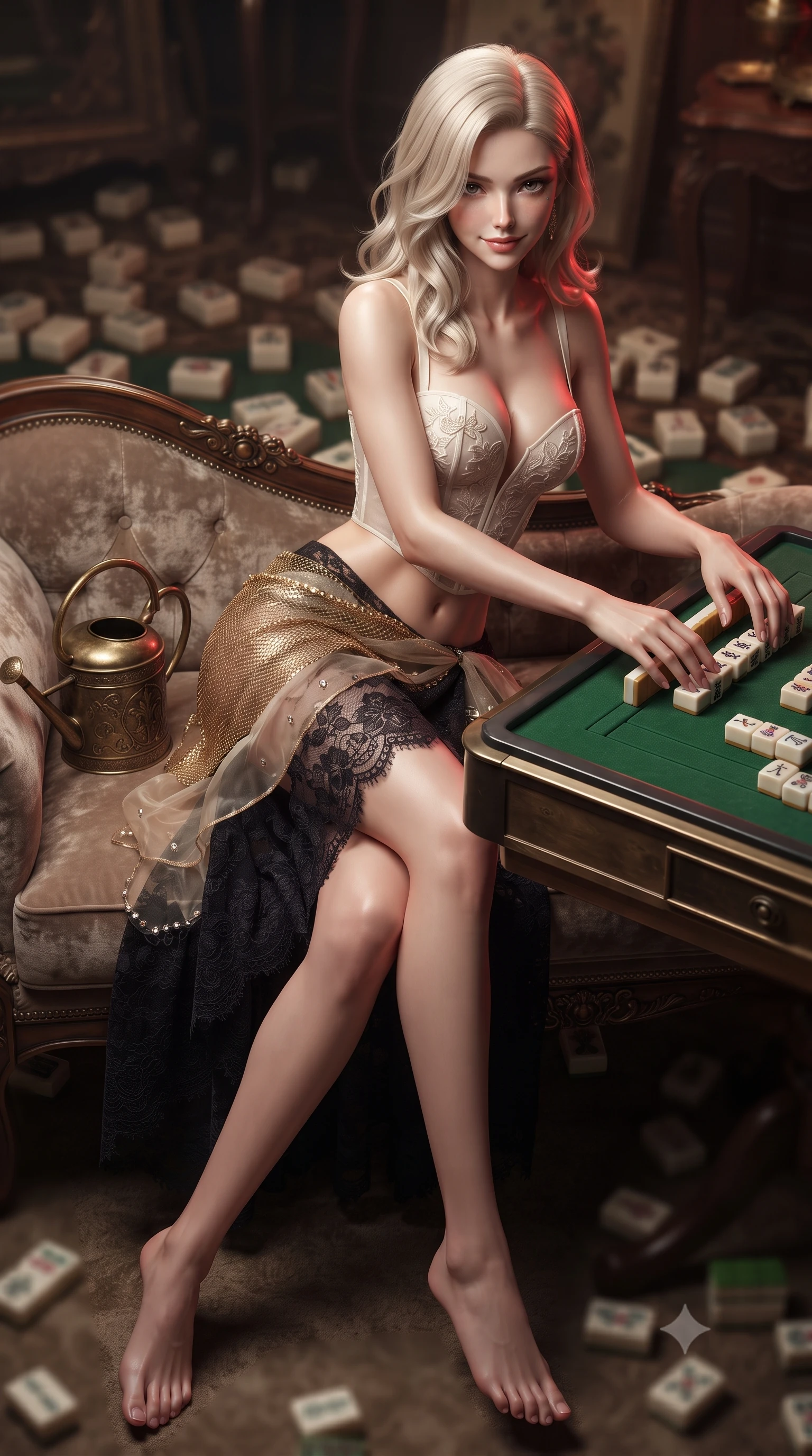 score_9, masterpiece, best quality, ultra-detailed, high-budget anime keyframe, editorial fashion photography, tasteful artistic composition, Caucasian woman. low angle full-body shot from head to toe showing her feet, filling the entire 9:16 vertical frame with her statuesque presence, stretching her vertical silhouette. lounging on the lavish daybed with legs crossed and hips angled toward the camera, displaying her toned midriff and long slender limbs with effortless siren poise while leaning forward over the green felt tabletop with hips cocked back, arranging carved ivory tiles with smoldering bedroom-eyes. The background shows a soft-focus vintage mahjong tiles softened in nostalgic clandestine salon shallow focus. She has an absolutely perfect, statuesque 8.5-heads proportion, an exceptionally tall and slender model-like female figure with impossibly long slender legs, an ultra-slim waist, a flat toned midriff, narrow delicate ribcage, and beautifully sculpted feminine hips creating a graceful, slim hourglass silhouette without any bulky heaviness. sharp v-shaped jawline, high-bridge nose, sparkling eyes with hypnotic seductive depth, thick curled eyelashes, glossy parted lips with a natural dewy peach sheen, alluring bedroom-eyes with an enchanting coquettish smile, exuding magnetic siren charisma and sophisticated glamour, flawlessly proportioned anatomical accuracy, strict slender model proportions, natural body alignment, perfectly sculpted long slender limbs, ultra-slim waistline, clean dynamic posture without body distortion. wearing a plunging sweetheart-neckline boned corset top with pressed flower embroidery paired with a sheer organza wrap skirt in liquid gold chainmail and midnight obsidian black with diamond accents, made of delicate semi-sheer French Chantilly lace with intricate eyelash edges, finished with an antique brass watering can held casually at her side, the second-skin tailored fabric adhering flawlessly to her sculpted flat midriff and slender torso, emphasizing her long leg lines and perfectly proportioned willowy build. illuminated by polished table bounce and sharp deep-red rim lights sculpting her jawline, flat midriff, and curvy hips. ultra-reflective glossy finish, specular highlights, rich textural contrasts, high-contrast stereoscopic depth, volumetric dynamic lighting, 2k, ultra detail, master piece, 9:16 ratio
