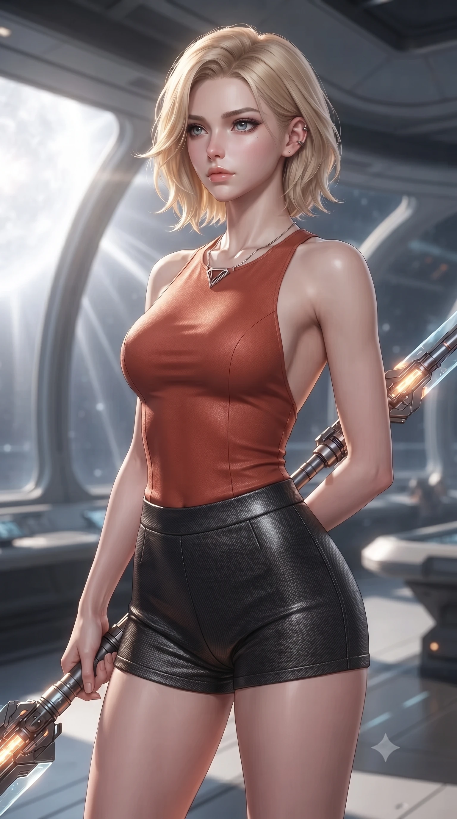 score_9, masterpiece, best quality, ultra-detailed, high-budget anime keyframe, editorial fashion photography, tasteful artistic composition, Caucasian woman. close-up cowboy shot from the waist and thighs up, the character dominates the composition, filling the frame with her large presence, background elements kept in soft focus. holding a deactivated nanotech glaive, looking past the camera with quiet, sharp focus and a composed expression, the background shows a soft-focus a solar sail ship bridge with curved panoramic windows showing solar flares. She has an exceptionally elegant, slender, and willowy female figure with an ultra-slim waist, a gracefully sculpted slender torso, and a refined silhouette. sharp v-shaped jawline, high-bridge nose, intricate jewel-like eyes with depth, thick eyelashes, glossy lips with a natural sheen. wearing a tailored backless combat top in terracotta red, paired with carbon-fiber micro-shorts. dazzling white solar radiation rays refracting through triple-glazed glass. ultra-reflective glossy finish, specular highlights, metallic sheen, high-contrast stereoscopic depth, volumetric dynamic lighting, 2k, ultra detail, master piece, 9:16 ratio