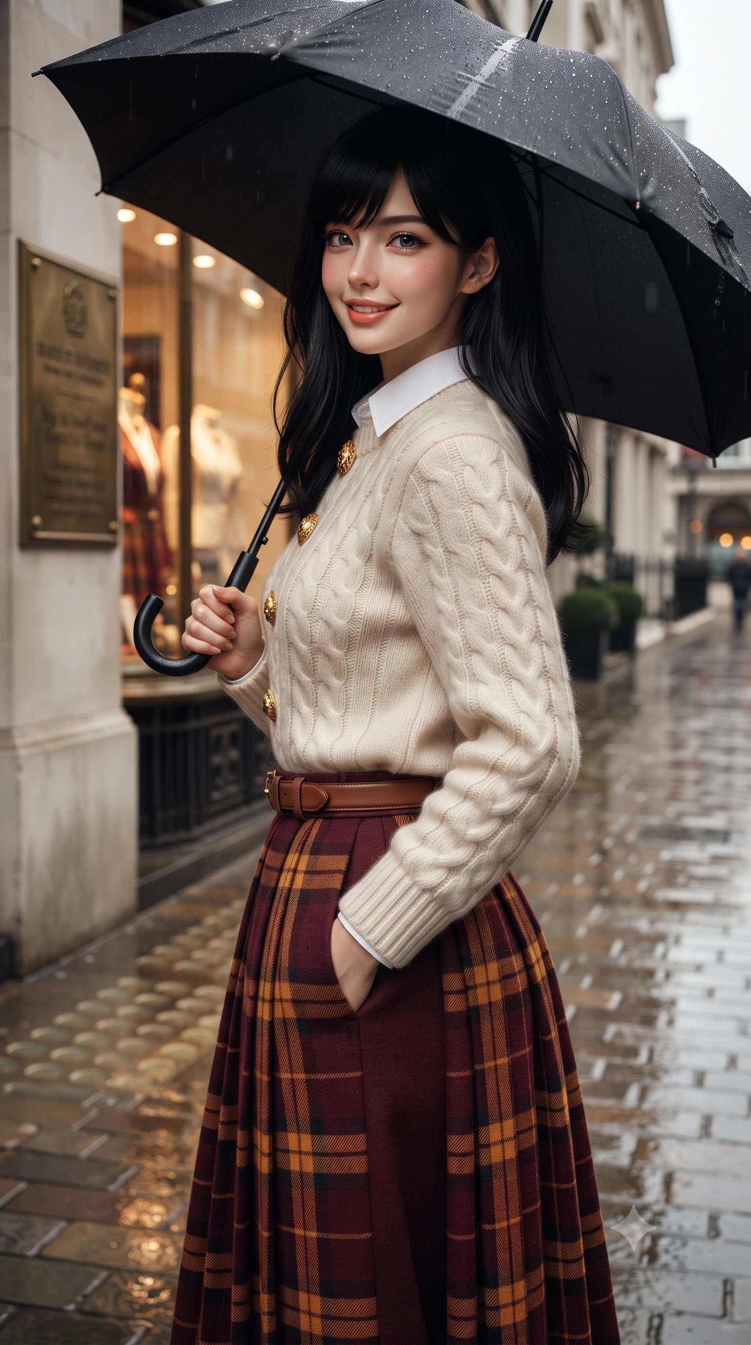 score_9, masterpiece, best quality, ultra-detailed, high-budget anime keyframe, editorial fashion photography, tasteful artistic composition, Caucasian woman. close-up cowboy shot from the waist and thighs up, the character dominates the composition, filling the frame with her large presence. standing poised with one hand slipped into her tailored trouser pocket, head tilted in a friendly, engaging expression while standing poised under a classic black umbrella on the wet Mayfair cobblestones, glancing over her shoulder with a radiant, charming smile. The surrounding environment is rendered in vivid detail and crisp panoramic clarity: sharp cobblestone pavement textures, fine water droplets beading on umbrella fabric, and brass shopfront plaques in deep focus. She has an exceptionally elegant, slender, and willowy female figure with an ultra-slim waist, flat toned midriff, narrow ribcage, and sculpted feminine hips creating an alluring, slim hourglass silhouette without bulk. sharp v-shaped jawline, high-bridge nose, intricate jewel-like sparkling eyes with depth, thick eyelashes, glossy parted lips with a natural peach sheen, bright cheerful beaming smile with an enchanting and coquettish sensual glint, exuding both youthful cute charm and seductive allure, flawlessly proportioned anatomical accuracy, strict slender model proportions, natural body alignment, perfectly sculpted long slender limbs, ultra-slim waistline, clean dynamic posture without body distortion. wearing an ivory cable-knit fisherman sweater paired with a pleated wool tartan midi skirt and a crisp collared poplin shirt in rich Oxford burgundy and golden amber, woven from plush alpaca yarn with a cloud-like fuzzy texture and soft halo, accented with an ornate 24k gold lion-embossed crest button along the front closure, the structured cinched belt emphasizing her narrow waistline and gracefully balanced proportions with timeless haute-couture polish. bathed in diffused London overcast sky light contrasted with warm incandescent shopfront display illumination. ultra-reflective glossy finish, specular highlights, rich textural contrasts, high-contrast stereoscopic depth, volumetric dynamic lighting, 2k, ultra detail, master piece, 9:16 ratio
