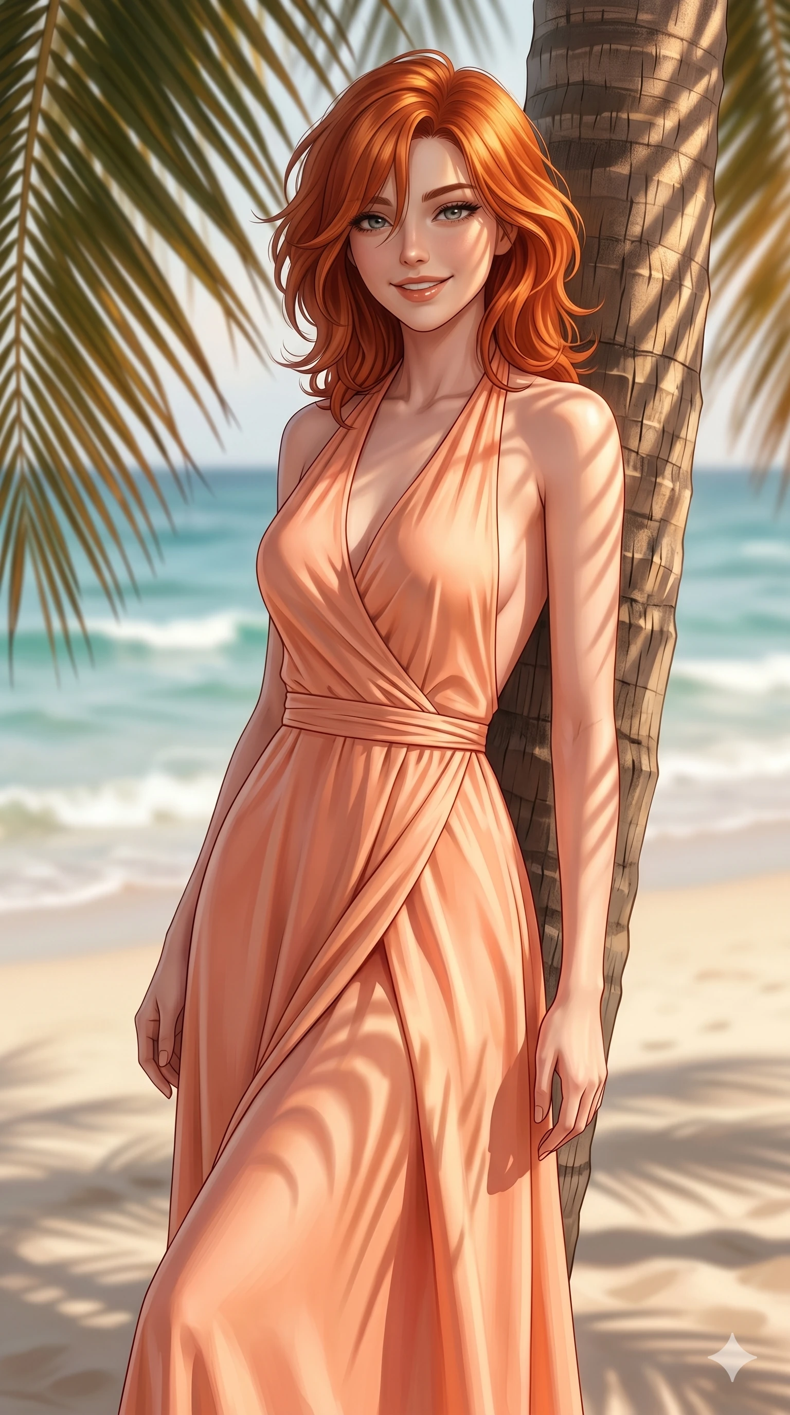 score_9, masterpiece, best quality, ultra-detailed, high-budget anime keyframe, editorial fashion photography, tasteful artistic composition, Korean woman. cowboy shot from the thighs up, character and outfit filling the frame for maximum editorial presence. smiling warmly with a relaxed, sultry gaze, looking directly into the camera leaning against a palm tree trunk on a quiet private beach. She has an absolutely perfect 8-heads proportion, an exceptionally tall and slender female figure with impossibly long slender legs and an ultra-slim waist. V-shaped jawline, high-bridge nose, intricate jewel-like eyes with depth, thick eyelashes, glossy lips with a natural sheen. wearing a peach-colored wrap dress with a graceful halter neck and a scooped open back. bathed in warm morning sunlight filtering through the palm fronds, casting soft shadows on her figure. 2k, ultra detail, master piece, 9:16 ratio