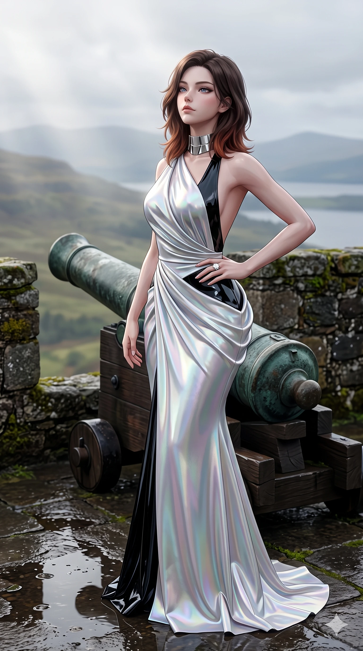 score_9, masterpiece, best quality, ultra-detailed, high-budget anime keyframe, semi-realistic 3D game render, editorial fashion photography, tasteful artistic composition, Korean woman. close-up cowboy shot from the waist and thighs up, the character dominates the composition, filling the frame with her large presence. tilting her chin up with proud, sovereign allure while gazing through thick eyelashes, one hand resting on her waist in pure supermodel charisma while standing tall beside an ancient bronze cannon, arching her back with sovereign supermodel poise against the dramatic Highland horizon. The composition keeps background elements in soft focus with creamy bokeh: fresh highland rain mist softened in cliffside fortress rampart shallow focus. She has an exceptionally elegant, slender, and willowy female figure with an ultra-slim waist, flat toned midriff, narrow ribcage, and sculpted feminine hips creating an alluring, slim hourglass silhouette without bulk. sharp v-shaped jawline, high-bridge nose, intricate jewel-like eyes with depth, thick eyelashes, glossy parted lips with a natural sheen, intensely captivating and seductive bedroom-eyes expression, flawlessly proportioned anatomical accuracy, strict slender model proportions, natural body alignment, perfectly sculpted long slender limbs, ultra-slim waistline, clean dynamic posture without body distortion. wearing an open-back duchess satin gala gown with dramatic hip-hugging drape and cascading trailing hem in iridescent mother-of-pearl and liquid molten silver, tailored from high-gloss patent leather with mirror-like specular highlights, complemented by a bold geometric choker and sparkling cocktail ring, the form-contouring silhouette accentuating her sculpted flat midriff, narrow delicate ribcage, and gracefully curvy hips with intoxicating allure. puddle reflection bounce and volumetric dynamic lighting highlighting her long slender legs and willowy proportions. highly saturated vibrant anime colors, detailed shading with soft gradients, rich glossy textures, high-contrast stereoscopic depth, volumetric dynamic lighting, master piece, 9:16 ratio