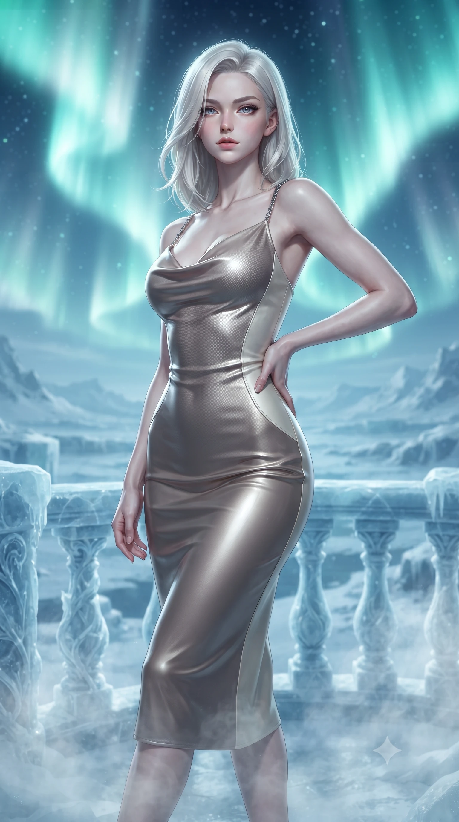 score_9, masterpiece, best quality, ultra-detailed, high-budget anime keyframe, editorial fashion photography, tasteful artistic composition, Caucasian woman. close-up cowboy shot from the waist and thighs up, the character dominates the composition, filling the frame with her large presence, background elements kept in soft focus. Holding a powerful dynamic pose with one hand on her hip and body angled dramatically toward the key light while standing dynamically on an ice-carved opera balcony under a soaring polar aurora sky, sub-zero mist swirling gently around her long slender legs and athletic build. She has an exceptionally elegant, slender, and willowy female figure with an ultra-slim waist, a gracefully sculpted slender torso, and a refined silhouette. sharp v-shaped jawline, high-bridge nose, intricate jewel-like eyes with depth, thick eyelashes, glossy lips with a natural sheen, flawlessly proportioned anatomical accuracy, natural body alignment, perfectly sculpted elegant limbs, clean dynamic posture without body distortion. wearing an elegant cowl-neck satin midi dress with a graceful draped neckline in muted taupe and soft ivory, made of fine carbon-fiber weave and soft matte leather, adorned with delicate metallic chain straps along the neckline, the glove-like fit emphasizing her statuesque silhouette during motion. bathed in crisp silver moonlight and vivid cyan-green polar aurora backlighting. ultra-reflective glossy finish, specular highlights, metallic sheen, high-contrast stereoscopic depth, volumetric dynamic lighting, 2k, ultra detail, master piece, 9:16 ratio