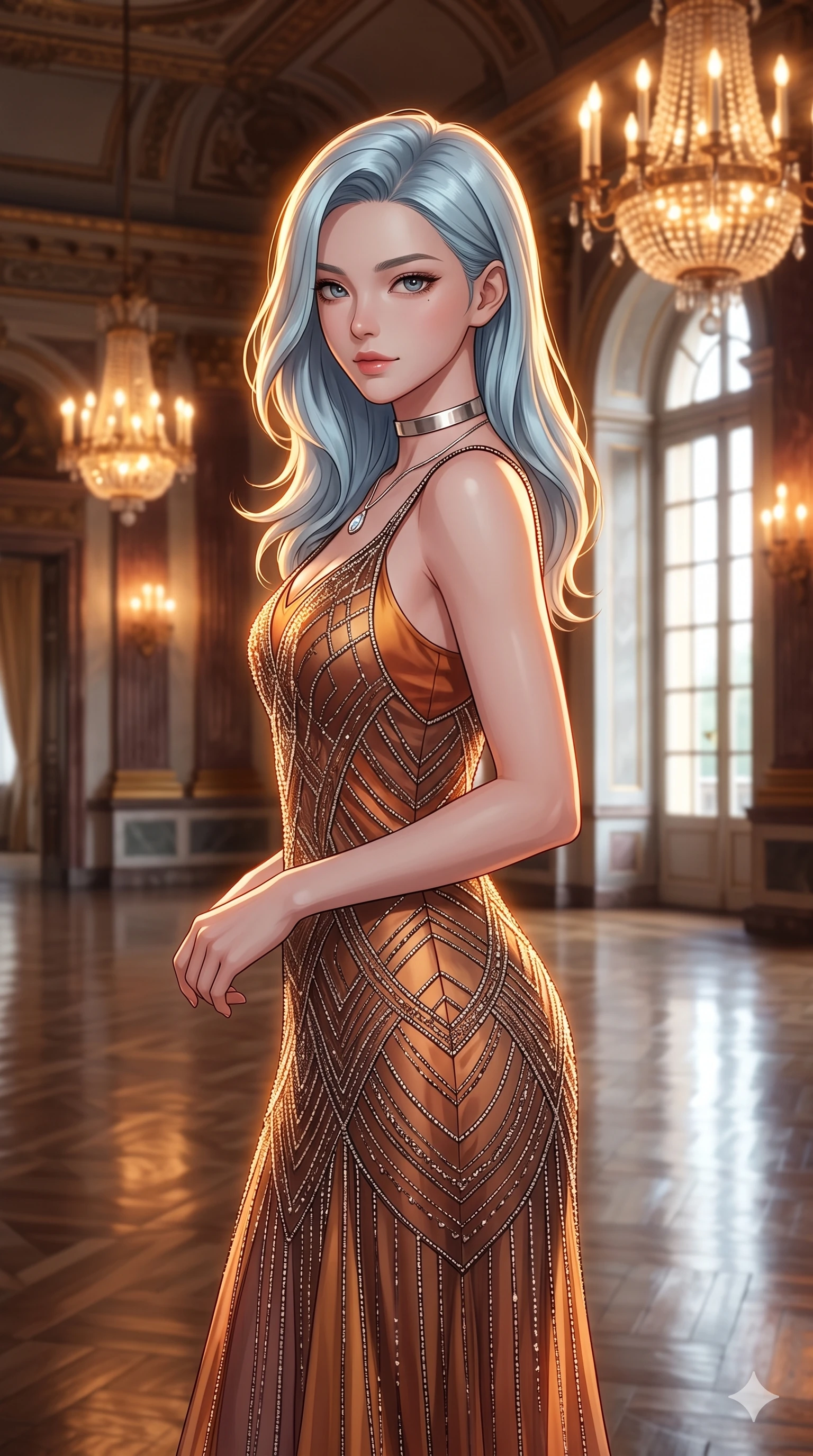 score_9, masterpiece, best quality, ultra-detailed, high-budget anime keyframe, semi-realistic 3D game render, editorial fashion photography, tasteful artistic composition, Korean woman. close-up cowboy shot from the waist and thighs up, the character dominates the composition, filling the frame with her large presence. twisting her slender torso in a deep contrapposto stance, hips dramatically shifted to accentuate her feminine curves while looking past her shoulder with smoldering bedroom-eyes while twisting her slender torso in an alluring contrapposto stance, intricate brass shadow patterns and golden chandeliers tracing her narrow waist and curvy hips. The surrounding environment is rendered in vivid detail and crisp panoramic clarity: detailed high-Mandarin wrap dress tailoring, metallic lamé fabric sheen, and historic grand touring salon architecture in razor-sharp precision. She has an exceptionally elegant, slender, and willowy female figure with an ultra-slim waist, flat toned midriff, narrow ribcage, and sculpted feminine hips creating an alluring, slim hourglass silhouette without bulk. sharp v-shaped jawline, high-bridge nose, intricate jewel-like sparkling eyes with depth, thick eyelashes, glossy parted lips with a natural sheen, intensely captivating and seductive bedroom-eyes expression, exuding both youthful cute charm and sovereign luxury allure, flawlessly proportioned anatomical accuracy, strict slender model proportions, natural body alignment, perfectly sculpted long slender limbs, ultra-slim waistline, clean dynamic posture without body distortion. wearing a sheer vintage mesh flapper dress adorned with intricate geometric beadwork over an opaque silk micro-slip in rich copper bronze and warm amber, made of fluid liquid jersey with seamless sculpting hold and smooth contours, finished with a minimalist chrome choker and a single teardrop diamond pendant, the impeccably tailored cut draping gracefully along her slender figure with aristocratic poise. illuminated by black lacquer floor reflections and sharp gold-amber rim lights sculpting her razor-sharp jawline, narrow waist, and curvy hips. highly saturated vibrant anime colors, detailed shading with soft gradients, rich glossy textures, high-contrast stereoscopic depth, volumetric dynamic lighting, master piece, 9:16 ratio