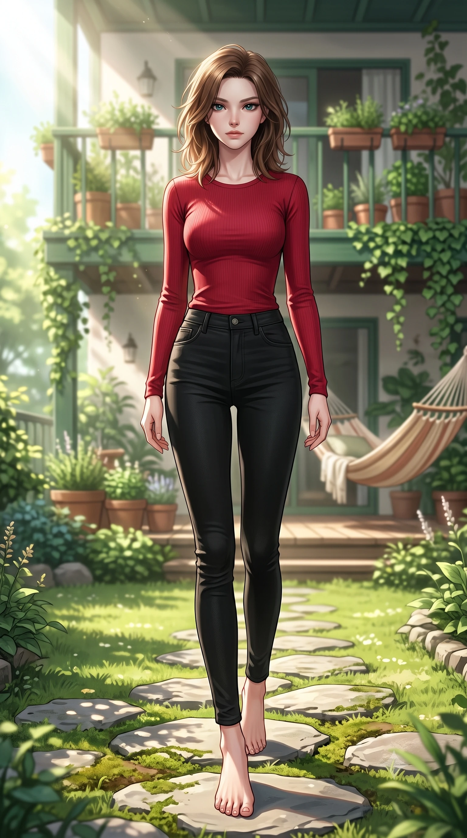 score_9, masterpiece, best quality, ultra-detailed, high-budget anime keyframe, editorial fashion photography, tasteful artistic composition, Korean woman woman. low angle full-body shot from head to toe showing her feet, filling the entire 9:16 vertical frame with her statuesque presence, stretching her vertical silhouette. stepping gracefully across a stone path in the garden the background shows a soft-focus a cozy hammock on a green balcony terrace filled with potted herbs and climbing ivy. She has an absolutely perfect, statuesque 8.5-heads proportion, an exceptionally tall and slender model-like female figure with impossibly long slender legs and an ultra-slim waist. sharp v-shaped jawline, high-bridge nose, intricate jewel-like eyes with depth, thick eyelashes, glossy lips with a natural sheen. wearing a body-hugging tight-fitting long-sleeve tee in crimson red, tucked into high-waisted black skinny pants. bright morning sunbeams creating a fresh, relaxing atmosphere. 2k, ultra detail, master piece, 9:16 ratio
