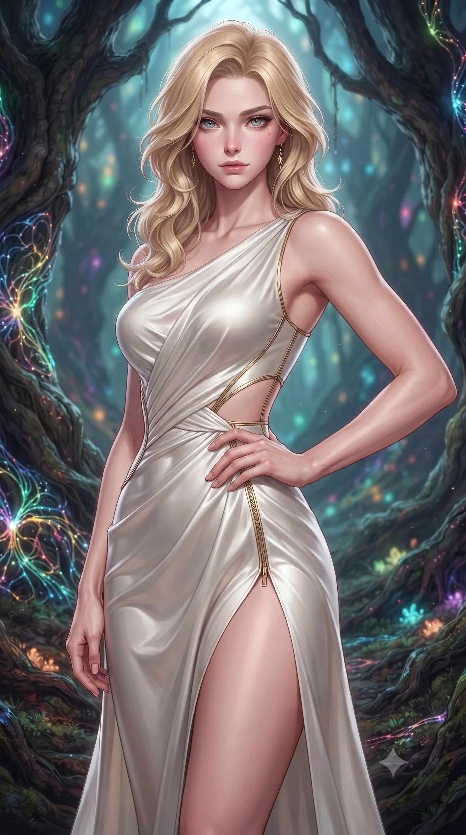 score_9, masterpiece, best quality, ultra-detailed, high-budget anime keyframe, editorial fashion photography, tasteful artistic composition, Caucasian woman. close-up cowboy shot from the waist and thighs up, the character dominates the composition, filling the frame with her large presence, background elements kept in soft focus. Holding a confident power pose with one hand on her hip, inside a sacred ancient grove interwoven with bioluminescent opal mycelium threads, bioluminescent mycelium threads weaving intricate glowing patterns through dark bark. She has an exceptionally elegant, slender, and willowy female figure with an ultra-slim waist, a gracefully sculpted slender torso, and a refined silhouette. sharp v-shaped jawline, high-bridge nose, intricate jewel-like eyes with depth, thick eyelashes, glossy lips with a natural sheen. wearing draped white silk gown featuring graceful waist cutouts and thigh slit in glowing ivory, made of sculpted platinum chrome, finished with metallic gold boning and sleek zipper points, highlighting her statuesque proportions and ultra-slim waistline. surrounded by a gentle glowing forest aura with soft rim highlights. highly saturated vibrant anime colors, detailed shading with soft gradients, rich glossy textures, high-contrast stereoscopic depth, volumetric dynamic lighting, master piece, 9:16 ratio