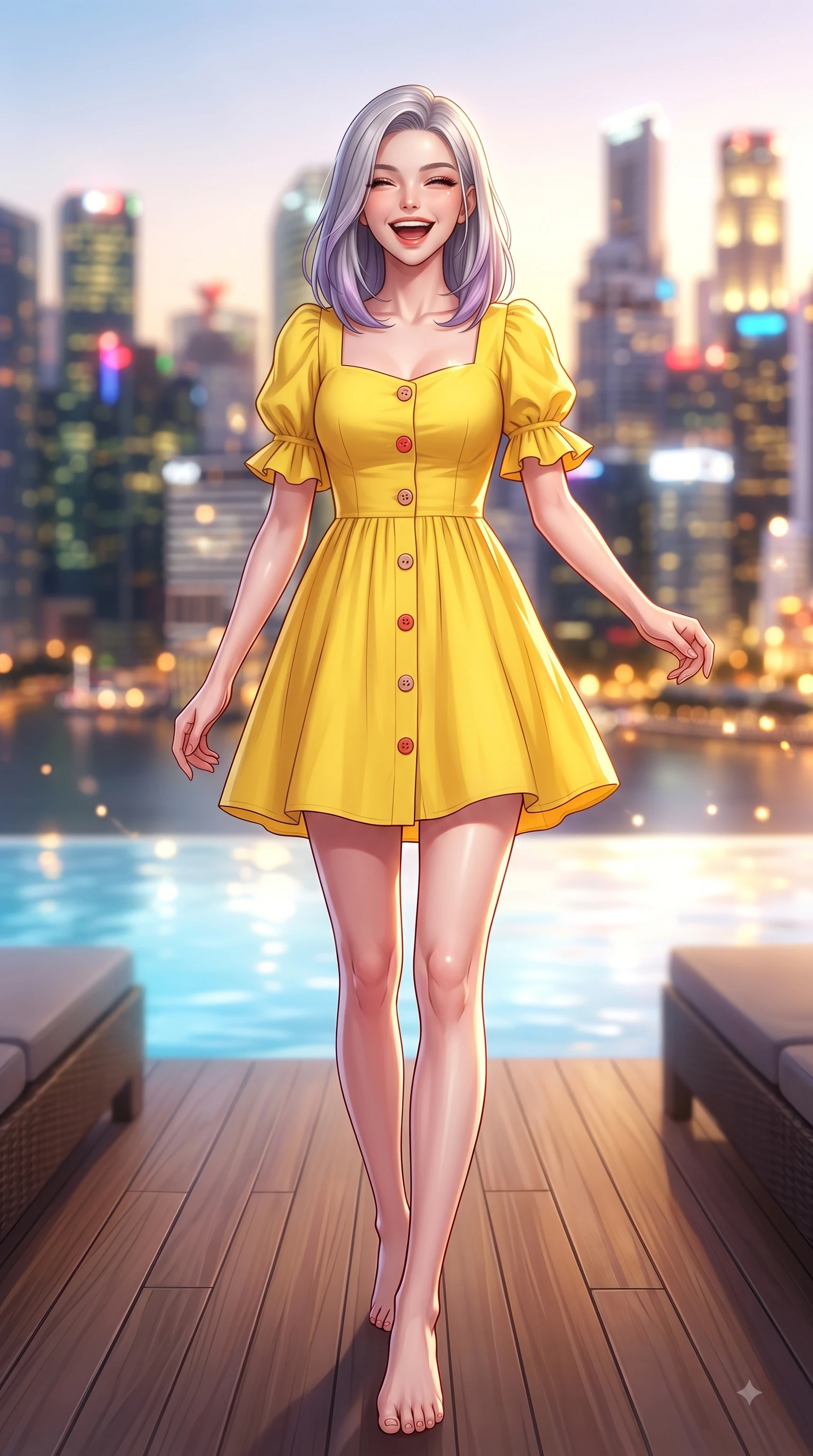 score_9, masterpiece, best quality, ultra-detailed, high-budget anime keyframe, editorial fashion photography, tasteful artistic composition, Caucasian woman. low angle full-body shot from head to toe showing her feet, filling the entire 9:16 vertical frame with her statuesque presence, stretching her vertical silhouette. Ecstatic joyful laughter with eyes crinkling in pure delight and vibrant energy filling her dynamic posture while stepping gracefully onto an open-air rooftop lounge as golden sunset city lights twinkle. The composition keeps background elements in soft focus with dreamy bokeh. twinkling city tower lights and glowing sunset sky blurred into sparkling urban bokeh. She has an absolutely perfect, statuesque 8.5-heads proportion, an exceptionally tall and slender model-like female figure with impossibly long slender legs and an ultra-slim waist. sharp v-shaped jawline, high-bridge nose, intricate jewel-like eyes with depth, thick eyelashes, glossy lips with a natural sheen, flawlessly proportioned anatomical accuracy, natural body alignment, perfectly sculpted elegant limbs, clean dynamic posture without body distortion. wearing a bright canary yellow cotton sundress with short puff sleeves and wooden buttons in vibrant coral red and soft beige, tailored from crisp high-density cotton poplin, featuring elegant flutter sleeves and a graceful square neckline, the chic fashion cut framing her graceful clavicle and slender torso. illuminated by crisp specular highlights from infinity pool reflections and city lights. highly saturated vibrant anime colors, detailed shading with soft gradients, rich glossy textures, high-contrast stereoscopic depth, volumetric dynamic lighting, master piece, 9:16 ratio