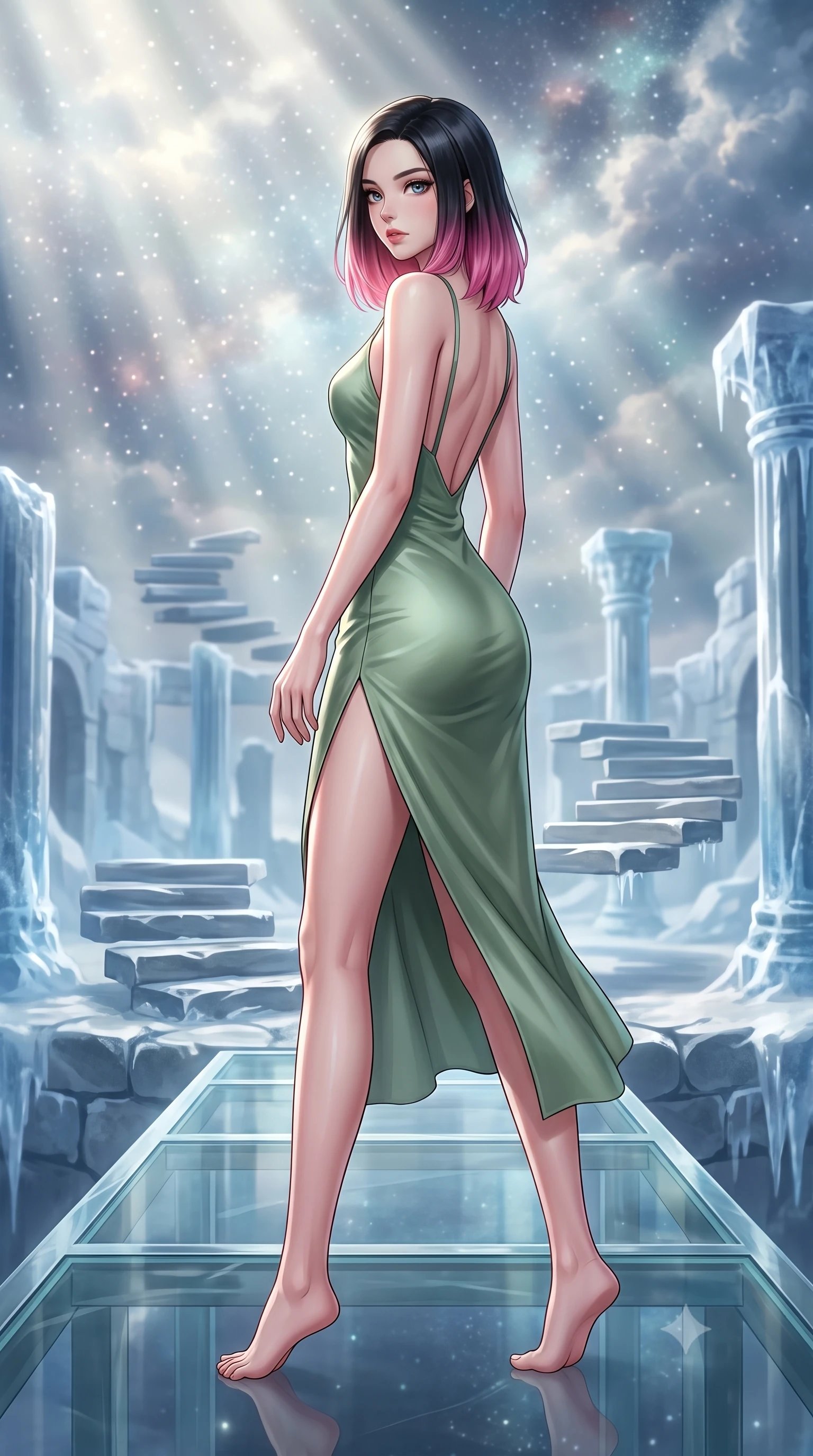score_9, masterpiece, best quality, ultra-detailed, high-budget anime keyframe, editorial fashion photography, tasteful artistic composition, Korean woman. low angle full-body shot from head to toe showing her feet, filling the entire 9:16 vertical frame with her statuesque presence, stretching her vertical silhouette. walking slowly along a glass skybridge, looking back over her shoulder with an air of effortless grace, the background shows a soft-focus an ice ruins courtyard with levitating stone steps and ice columns. She has an absolutely perfect, statuesque 8.5-heads proportion, an exceptionally tall and slender model-like female figure with impossibly long slender legs and an ultra-slim waist. sharp v-shaped jawline, high-bridge nose, intricate jewel-like eyes with depth, thick eyelashes, glossy lips with a natural sheen. wearing a body-hugging lightweight silk combat slip dress in sage green, featuring a high side slit and a low-cut back. dappled sunlight filtering through cosmic dust clouds, creating light rays. highly saturated vibrant anime colors, detailed shading with soft gradients, rich glossy textures, high-contrast stereoscopic depth, volumetric dynamic lighting, master piece, 9:16 ratio