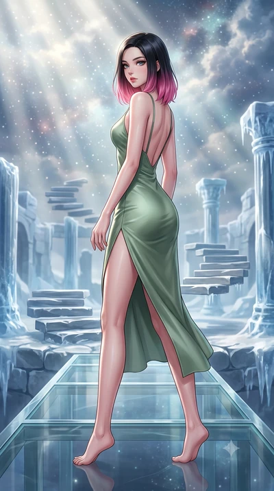 score_9, masterpiece, best quality, ultra-detailed, high-budget anime keyframe, editorial fashion photography, tasteful artistic composition, Korean woman. low angle full-body shot from head to toe showing her feet, filling the entire 9:16 vertical f