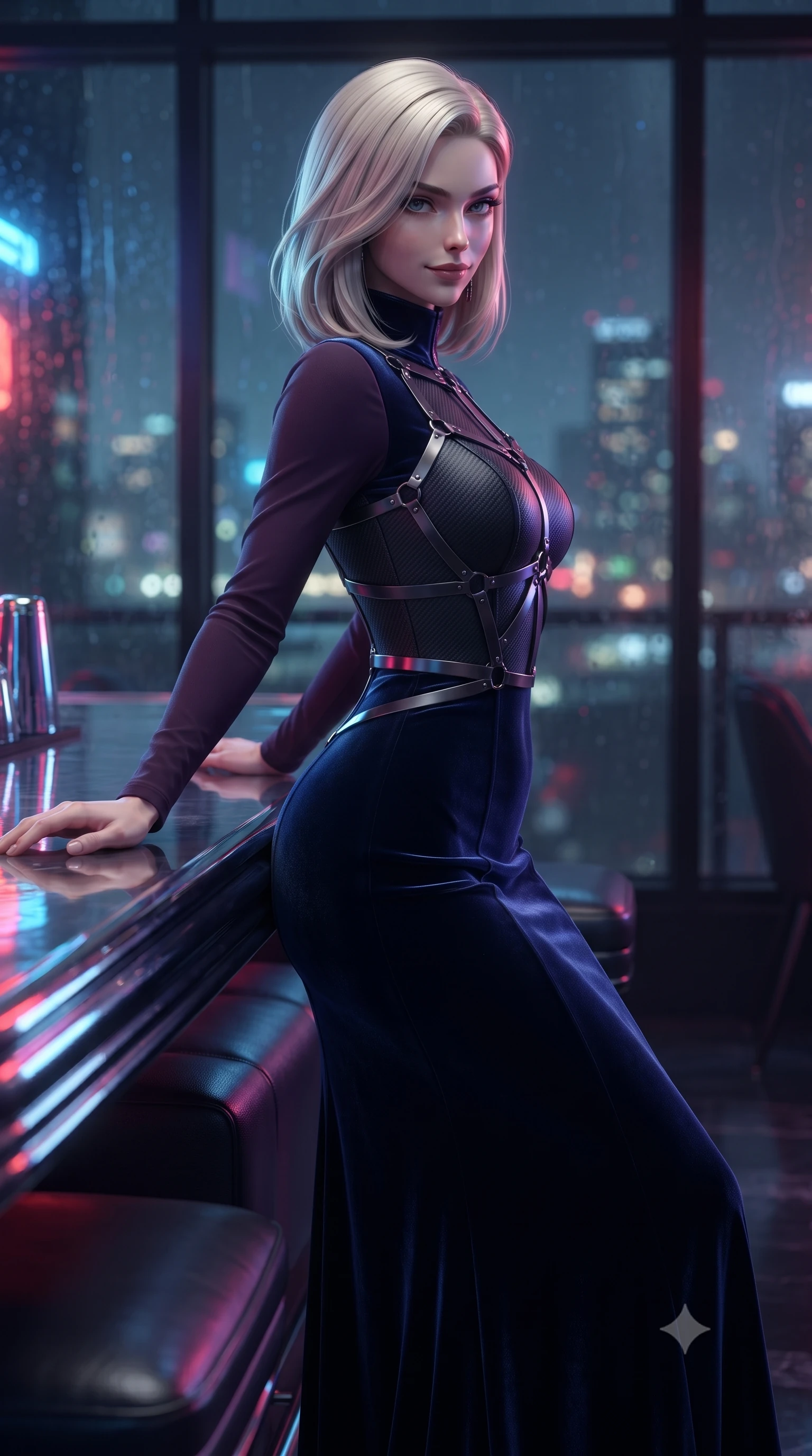 score_9, masterpiece, best quality, ultra-detailed, high-budget anime keyframe, editorial fashion photography, tasteful artistic composition, Caucasian woman. close-up cowboy shot from the waist and thighs up, the character dominates the composition, filling the frame with her large presence, background elements kept in soft focus. Glancing sidelong over her shoulder with a smoldering, enigmatic half-smile, resting against a polished chrome bar counter reflecting neon neon reflections, rain streaks on glass windows distorting distant city skyline lights into bokeh. She has an exceptionally elegant, slender, and willowy female figure with an ultra-slim waist, a gracefully sculpted slender torso, and a refined silhouette. sharp v-shaped jawline, high-bridge nose, intricate jewel-like eyes with depth, thick eyelashes, glossy lips with a natural sheen. wearing floor-length high-neck midnight navy velvet gown with long sleeves in dark plum violet, made of matte carbon-fiber weave, highlighted by a gunmetal metallic harness structure, the fitted fabric emphasizing her ultra-slim waist. surrounded by a moody neon glow with sharp edge highlights on dark vinyl. ultra-reflective glossy finish, specular highlights, metallic sheen, high-contrast stereoscopic depth, volumetric dynamic lighting, 2k, ultra detail, master piece, 9:16 ratio