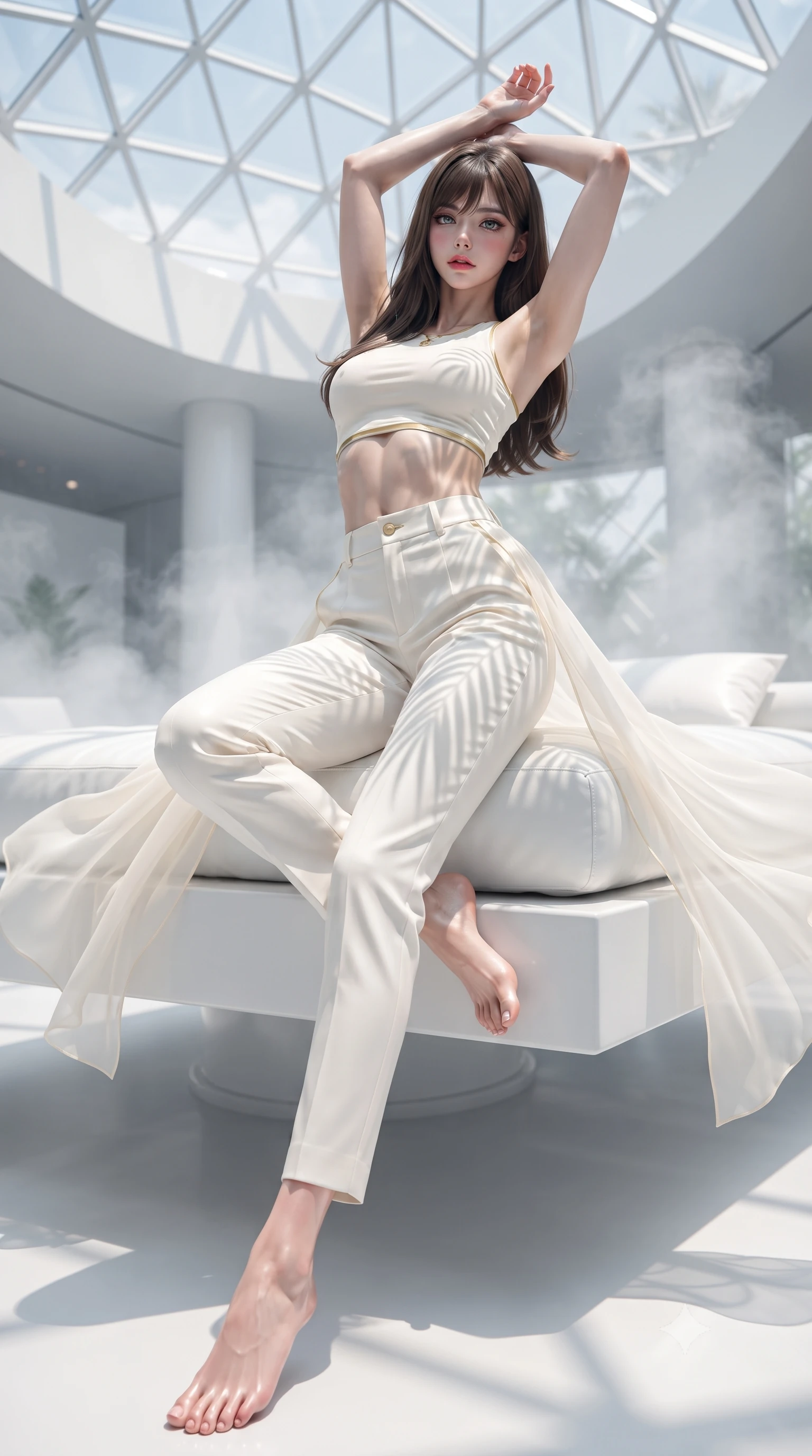 score_9, masterpiece, best quality, ultra-detailed, high-budget anime keyframe, editorial fashion photography, tasteful artistic composition, Korean woman. low angle full-body shot from head to toe showing her feet, filling the entire 9:16 vertical frame with her statuesque presence, stretching her vertical silhouette. reclining back languidly with one knee bent and spine arched in a breathtaking dancer line, commanding the entire 9:16 vertical frame while stretching her slender body on a floating white porcelain daybed beneath a geometric glass dome, arching her back with arms raised. The composition keeps background elements in soft focus with creamy bokeh. sleek white architecture and ambient vapor mist softened in bright dreamy shallow focus. She has an absolutely perfect, statuesque 8.5-heads proportion, an exceptionally tall and slender model-like female figure with impossibly long slender legs, a toned flat midriff, and an ultra-slim waist. sharp v-shaped jawline, high-bridge nose, intricate jewel-like eyes with depth, thick eyelashes, glossy parted lips with a natural sheen, intensely captivating and seductive expression, flawlessly proportioned anatomical accuracy, strict slender model proportions, natural body alignment, perfectly sculpted long slender limbs, ultra-slim waistline, clean dynamic posture without body distortion. wearing an aerodynamic eco-chic racerback crop tank with high-waisted white utility trousers in pristine ivory white and brushed brass gold, woven from fine organic mulberry silk with metallic gold thread, finished with flowing sheer chiffon train panels floating in the breeze, the relaxed yet flattering fit accentuating her naturally graceful and slender figure, highlighting her tall statuesque proportions. illuminated by organic stencil shadows from tropical leaves tracing her sculpted torso and legs. ultra-reflective glossy finish, specular highlights, rich textural contrasts, high-contrast stereoscopic depth, volumetric dynamic lighting, 2k, ultra detail, master piece, 9:16 ratio