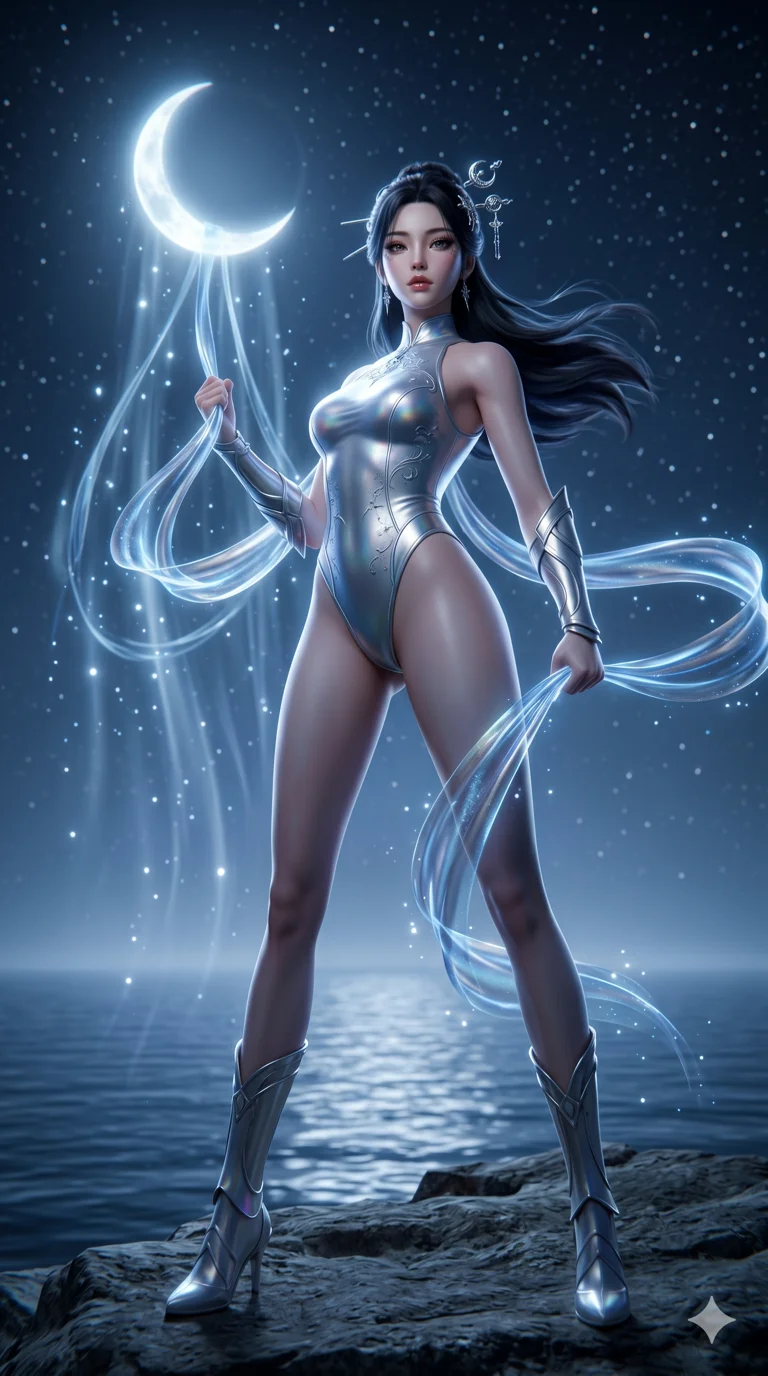 score_9, masterpiece, best quality, ultra-detailed, semi-realistic high-budget 3D game render, an incredibly beautiful Korean woman. Dynamic low angle cowboy shot filling the entire 9:16 frame with her statuesque presence. She is a moon-tamer pulling the crescent moon with glowing silk ribbons. She has an absolutely perfect 8-heads proportion, an exceptionally tall and slender female figure with impossibly long slender legs and an ultra-slim waist. Her face is a highly detailed masterpiece featuring a sharp v-shaped jawline, high-bridge nose, intricate jewel-like eyes, thick eyelashes, and glossy lips. She is wearing a high-cut silver bodysuit that reflects the moonlight. A starlit sky over a silent ocean, ethereal light particles, 2k, ultra detail, master piece, 9:16 ratio