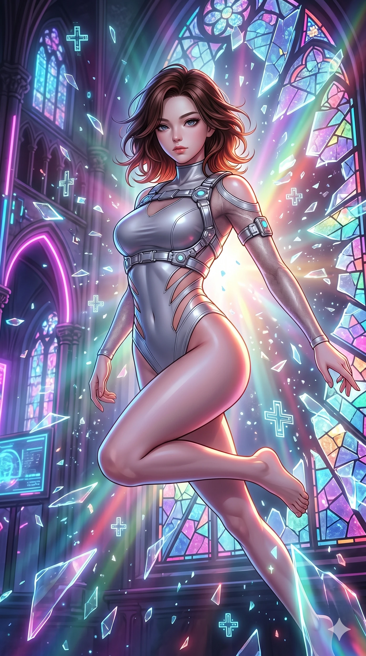 score_9, masterpiece, best quality, ultra-detailed, high-budget anime keyframe, Korean woman. Upper body close-up from the thighs up, character filling the screen for maximum presence. She is leaping through shattered stained glass of a neon-lit futuristic cathedral. She maintains a serene yet captivating expression amidst a rain of glowing shards and floating digital cross symbols. She has an absolutely perfect 8-heads proportion, an exceptionally tall and slender female figure with impossibly long slender legs and an ultra-slim waist. V-shaped jawline, high-bridge nose, intricate jewel-like eyes with depth, thick eyelashes, glossy lips with a natural sheen. She is wearing an ultra-sleek high-cut tech-bodysuit featuring dangerous diagonal slitted cutouts on the midriff and shoulders, reinforced by a metallic silver harness and sheer mesh sleeves. The scene is backlit by intense multi-colored neon light rays and volumetric dawn light filtering through fog. 2k, ultra detail, master piece, 9:16 ratio