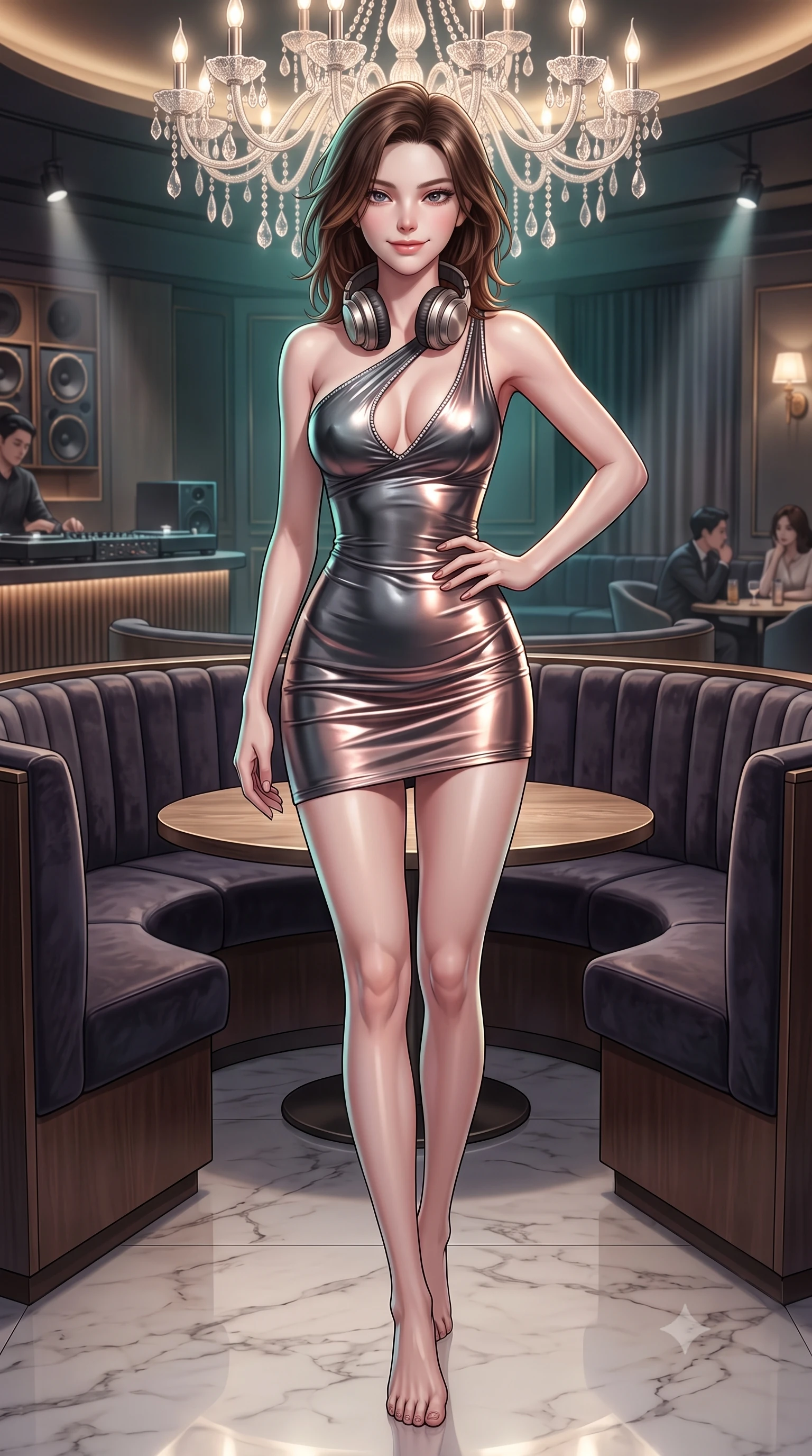 score_9, masterpiece, best quality, ultra-detailed, high-budget anime keyframe, semi-realistic 3D game render, editorial fashion photography, tasteful artistic composition, Korean woman. low angle full-body shot from head to toe showing her feet, filling the entire 9:16 vertical frame with her statuesque presence, stretching her vertical silhouette. pausing mid-stride beneath the grand chandelier with one hand resting on her narrow waist, her arched hips and statuesque 8.5-heads presence commanding the 9:16 vertical frame while sitting nestled in a dark velvet curved booth with vintage oversized headphones resting on her neck, arching her back with a tantalizing smoldering smile. The surrounding environment is rendered in vivid detail and crisp panoramic clarity. detailed fabric weave, headphone metallic finish, and contemporary Hannam-dong listening lounge architecture in high clarity. She has an exceptionally tall and slender model-like 8.5-heads proportion, an ultra-slim waist, a flat toned midriff, narrow delicate ribcage, and beautifully sculpted feminine hips creating a graceful, slim hourglass silhouette without any bulky heaviness, with impossibly long slender legs. sharp v-shaped jawline, high-bridge nose, intricate jewel-like dark sparkling eyes with dangerous depth, thick curled eyelashes, glossy parted lips with a rich wine sheen, smoldering seductive half-smile with bedroom-eyes, exuding effortless superiority and intoxicating dark allure, flawlessly proportioned anatomical accuracy, strict slender model proportions, natural body alignment, perfectly sculpted long slender limbs, ultra-slim waistline, clean dynamic posture without body distortion. wearing an asymmetric one-shoulder liquid mercury metallic mini dress hugging her narrow waist and curvy hips in smoky charcoal slate and molten rose gold, made of liquid-tight stretch jersey emphasizing every curve of her body, finished with subtle crystal rhinestones lining the plunging neckline, the liquid-tight tailored fabric clinging flawlessly to her narrow waist and rounded feminine hips, emphasizing every millimeter of her sculpted slim hourglass curves without any bulky heaviness. illuminated by focused spotlight key lights and subtle emerald rim lighting sharply defining her razor-sharp jawline, narrow waist, and curvy hips. highly saturated vibrant anime colors, detailed shading with soft gradients, rich glossy textures, high-contrast stereoscopic depth, volumetric dynamic lighting, master piece, 9:16 ratio