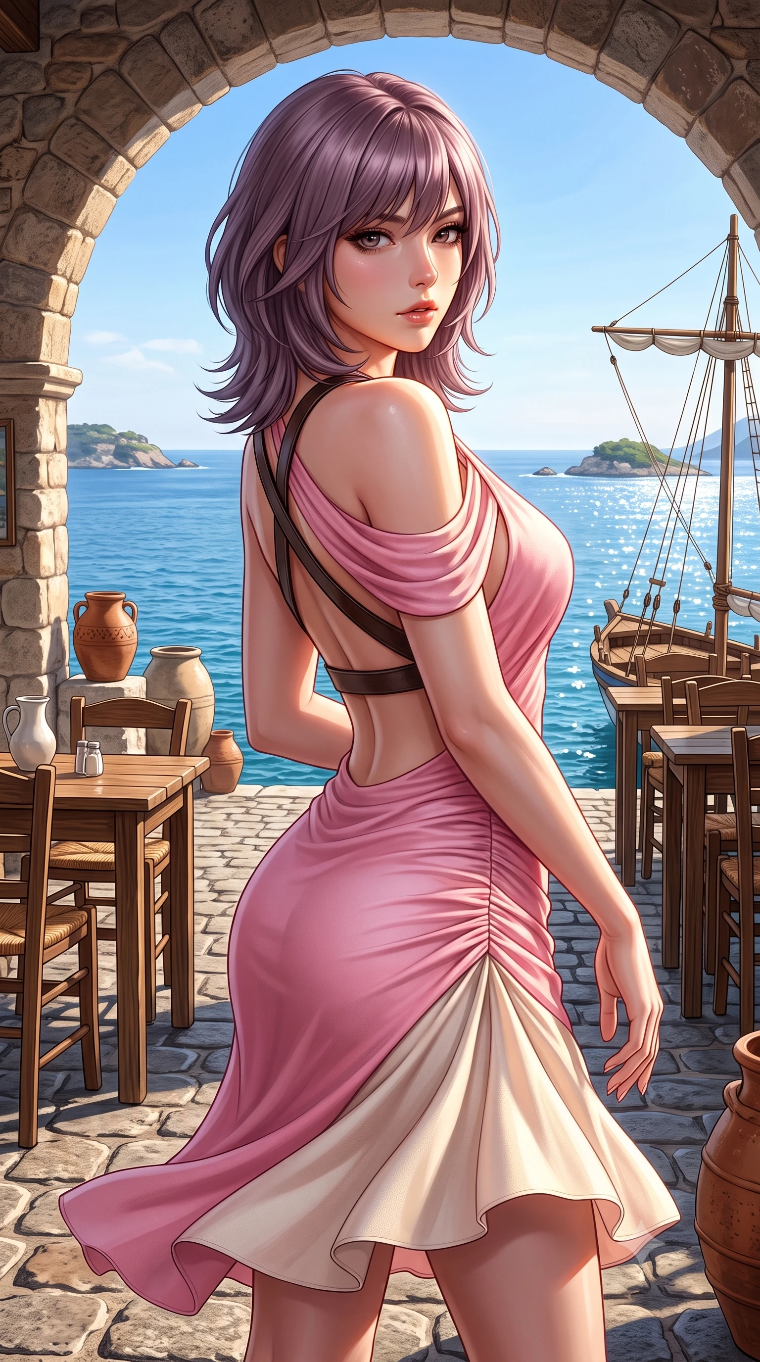 score_9, masterpiece, best quality, ultra-detailed, high-budget anime keyframe, semi-realistic 3D game render, editorial fashion photography, tasteful artistic composition, Japanese woman. close-up cowboy shot from the waist and thighs up, the character dominates the composition, filling the frame with her large presence. leaning back with relaxed seductive grace, her sculpted collarbones and narrow waist highlighted as she casts smoldering bedroom-eyes directly into the camera while standing poised on the cobblestone taverna terrace, twisting her slender torso in an alluring contrapposto stance as the evening Aegean breeze flutters her dress. The surrounding environment is rendered in vivid detail and crisp panoramic clarity. detailed linen sundress weave, sun-dappled skin highlights, and wooden boat rigging in high resolution. She has an exceptionally elegant, slender, and willowy female figure with an ultra-slim waist, flat toned midriff, narrow ribcage, and sculpted feminine hips creating an alluring, slim hourglass silhouette without bulk. sharp v-shaped jawline, high-bridge nose, intricate jewel-like eyes with depth, thick eyelashes, glossy parted lips with a natural sheen, intensely captivating and seductive bedroom-eyes expression, flawlessly proportioned anatomical accuracy, strict slender model proportions, natural body alignment, perfectly sculpted long slender limbs, ultra-slim waistline, clean dynamic posture without body distortion. wearing a form-contouring cocktail dress with an asymmetrical open shoulder and hip-defining ruching in sakura blossom pink and warm ivory, made of fluid silk crepe with delicate inner corsetry boning, featuring an open-back criss-cross harness strap in dark leather, the liquid-tight tailored fabric clinging flawlessly to her narrow waist and rounded feminine hips, emphasizing every millimeter of her sculpted slim hourglass curves without any bulky heaviness. illuminated by sparkling sea surface glints sharply carving her razor-sharp jawline, narrow waist, and curvy hips. highly saturated vibrant anime colors, detailed shading with soft gradients, rich glossy textures, high-contrast stereoscopic depth, volumetric dynamic lighting, master piece, 9:16 ratio