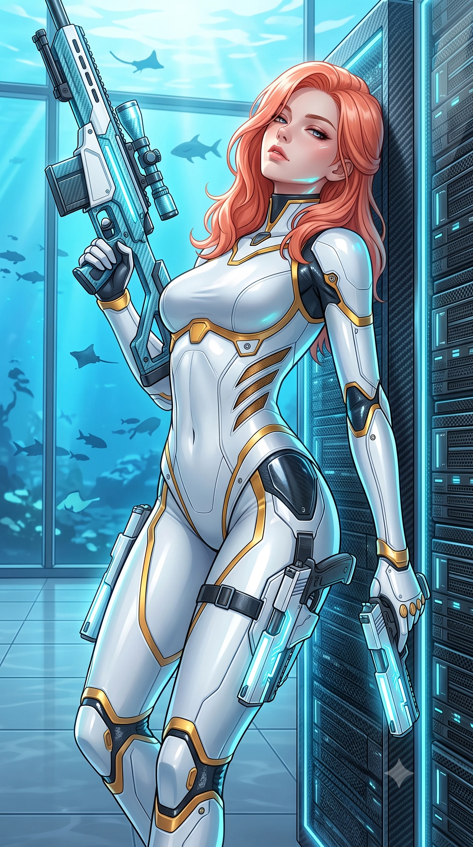 score_9, masterpiece, best quality, ultra-detailed, high-budget anime keyframe, semi-realistic 3D game render, editorial fashion photography, tasteful artistic composition, Japanese woman. close-up cowboy shot from the waist and thighs up, the character dominates the composition, filling the frame with her large presence. tilting her head back with serene regal elegance, her sharp jawline and sculpted collarbones highlighted by glowing weapon energy reflections while leaning against a glowing server bank with twin pistols lowered, glancing over her shoulder with an alluring, bedroom-eyed gaze. The surrounding environment is rendered in vivid detail and crisp panoramic clarity. intricate carbon-fiber weave patterns, swimming sea-life silhouettes outside the glass, and floor tiles in high clarity. She has an exceptionally elegant, slender, and willowy female figure with an ultra-slim waist, a gracefully sculpted slender torso, toned flat midriff, and a refined slim silhouette. sharp v-shaped jawline, high-bridge nose, intricate jewel-like eyes with depth, thick eyelashes, glossy lips with a natural sheen, flawlessly proportioned anatomical accuracy, strict slender model proportions, natural body alignment, perfectly sculpted long slender limbs, ultra-slim waistline, clean dynamic posture without body distortion. wearing a form-contouring arctic white carbon-composite battle-suit with solar gold trim and diagonal midriff vents, aiming a precision carbon-fiber railgun sniper rifle with divine focus in glacial ice-cyan carbon mesh with pure white armor plates, formed from high-gloss patent carbon-plating with specular chiaroscuro reflections, finished with high-mobility articulation joints and miniature magnetic armor locks, the glove-like aerodynamic second-skin fit tightly clinging to her ultra-slender waist and athletic curves without adding bulk, accentuating her razor-sharp statuesque lines and slim hourglass silhouette. illuminated by crisp white key light and sharp specular highlights tracing her slender curves. rich saturated anime colors with glowing neon highlights, detailed shading with soft gradients, rich glossy textures, high-contrast stereoscopic depth, volumetric dynamic lighting, master piece, 9:16 ratio