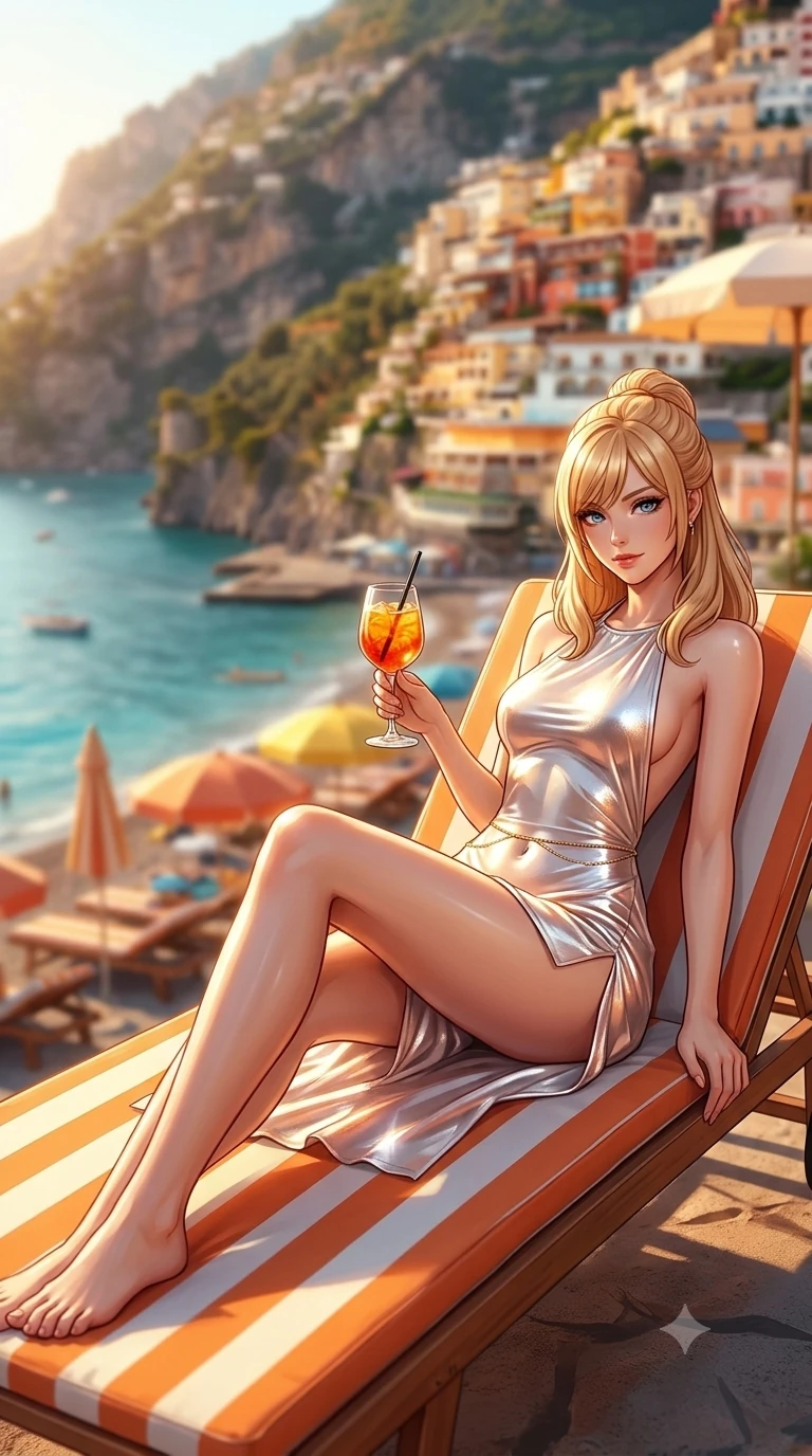 score_9, masterpiece, best quality, ultra-detailed, high-budget anime keyframe, semi-realistic 3D game render, editorial fashion photography, tasteful artistic composition, Caucasian woman. low angle full-body shot from head to toe showing her feet, filling the entire 9:16 vertical frame with her statuesque presence, stretching her vertical silhouette. stepping slowly toward the camera with hypnotic grace, hips swaying in an alluring sensual rhythm that accentuates her curvy hourglass silhouette and long slender legs while reclining on an orange-and-white striped sun lounger propped on one elbow, holding an Aperol spritz with sovereign high-society charm and bedroom-eyes. The background shows a soft-focus the dramatic vertical cliff of colorful Positano villas, stacked parasols, and turquoise sea blurred into terracotta, lemon, and azure bokeh. She has an absolutely perfect, statuesque 8.5-heads proportion, an exceptionally tall and slender model-like female figure with impossibly long slender legs, an ultra-slim waist, a flat toned midriff, narrow delicate ribcage, and beautifully sculpted feminine hips creating a graceful, slim hourglass silhouette without any bulky heaviness. sharp v-shaped jawline, high-bridge nose, sparkling eyes with hypnotic seductive depth, thick curled eyelashes, glossy parted lips with a natural dewy peach sheen, alluring bedroom-eyes with an enchanting coquettish smile, exuding magnetic siren charisma and sophisticated glamour, flawlessly proportioned anatomical accuracy, strict slender model proportions, natural body alignment, perfectly sculpted long slender limbs, ultra-slim waistline, clean dynamic posture without body distortion. wearing an alluring backless metallic lamé halterneck mini dress with deep scoop back down to her lower spine and thigh-high slit in celestial pearl white and rose-gold, crafted from wet-look high-gloss vinyl fabric with dazzling specular surface reflections, accented with a dainty gold belly chain resting across her flat midriff and curving hips, the impeccably tailored cut draping gracefully along her slender figure with aristocratic resort poise. bathed in brilliant Mediterranean late afternoon sunshine reflecting off the vertical cliff face and turquoise sea. highly saturated vibrant anime colors, detailed shading with soft gradients, rich glossy textures, high-contrast stereoscopic depth, volumetric dynamic lighting, master piece, 9:16 ratio
