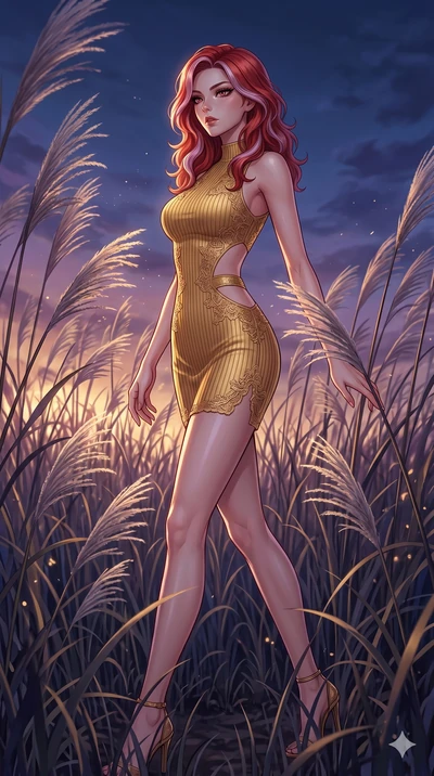score_9, masterpiece, best quality, ultra-detailed, High-budget Anime Keyframe, East Asian woman. Dynamic full-body shot stretching the vertical silhouette to the limit. Scenario 98: Walking through a field of tall silver grass at twilight. Her prese