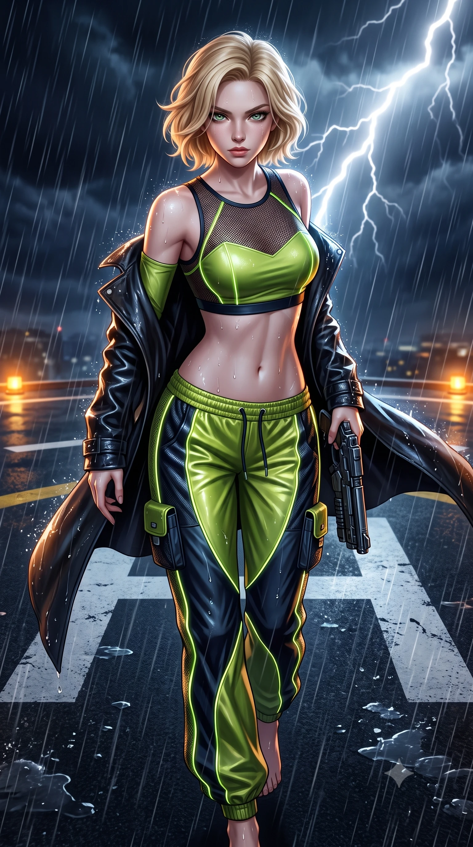score_9, masterpiece, best quality, ultra-detailed, high-budget anime keyframe, semi-realistic 3D game render, editorial fashion photography, tasteful artistic composition, Caucasian woman. close-up cowboy shot from the waist and thighs up, the character dominates the composition, filling the frame with her large presence. radiating intense magnetic charisma with jewel-like eyes locked onto the viewer, her upper body turning in a dynamic, fluid S-curve while striding through the rainstorm with lethal grace, grappling gun holstered at her hip as thunder rumbles overhead. The surrounding environment is rendered in vivid detail and crisp panoramic clarity. sharp helipad marking paint textures, distinct water droplet splashes, and wet leather coat sheen in deep focus. She has an exceptionally elegant, slender, and willowy female figure with an ultra-slim waist, a gracefully sculpted slender torso, toned flat midriff, and a refined slim silhouette. sharp v-shaped jawline, high-bridge nose, intricate jewel-like eyes with depth, thick eyelashes, glossy lips with a natural sheen, captivating and magnetic expression, flawlessly proportioned anatomical accuracy, strict slender model proportions, natural body alignment, perfectly sculpted long slender limbs, ultra-slim waistline, clean dynamic posture without body distortion. wearing a sporty Y2K mesh-paneled crop top with asymmetrical sleeve warmers and low-slung metallic track pants in acid lime green and dark obsidian, made of breathable technical athletic mesh and liquid-finish track nylon, finished with glowing fiber-optic seam piping and miniature utility pouches edition #20, the breezy yet form-flattering drape swaying gracefully with her steps, accentuating her long willowy limbs and slim waistline. bathed in blinding white storm lightning flash backlighting and warm amber perimeter beacon fill. highly saturated vibrant anime colors, detailed shading with soft gradients, rich glossy textures, high-contrast stereoscopic depth, volumetric dynamic lighting, master piece, 9:16 ratio