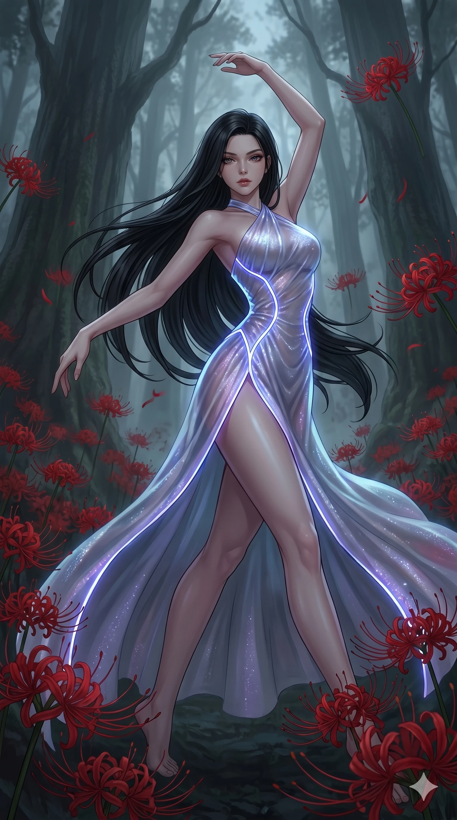 score_9, masterpiece, best quality, ultra-detailed, High-budget Anime Keyframe, East Asian woman. Low angle cowboy shot filling the entire 9:16 frame with her statuesque presence. Scenario 135: Dancing amidst falling red spider lilies in a misty dark forest. Her presence is magnetic and overpowering in this high-budget anime scene. Outfit 135: A shimmering chiffon bare with a thigh-high slit and glowing LED seams. The clothing is designed to emphasize her exceptionally tall and slender 8-heads proportion. 8-heads proportion, towering silhouette, ultra-slim waist. sharp v-shaped jawline, intricate jewel-like eyes with depth, thick eyelashes, glossy lips. 2k, ultra detail, master piece, 9:16 ratio