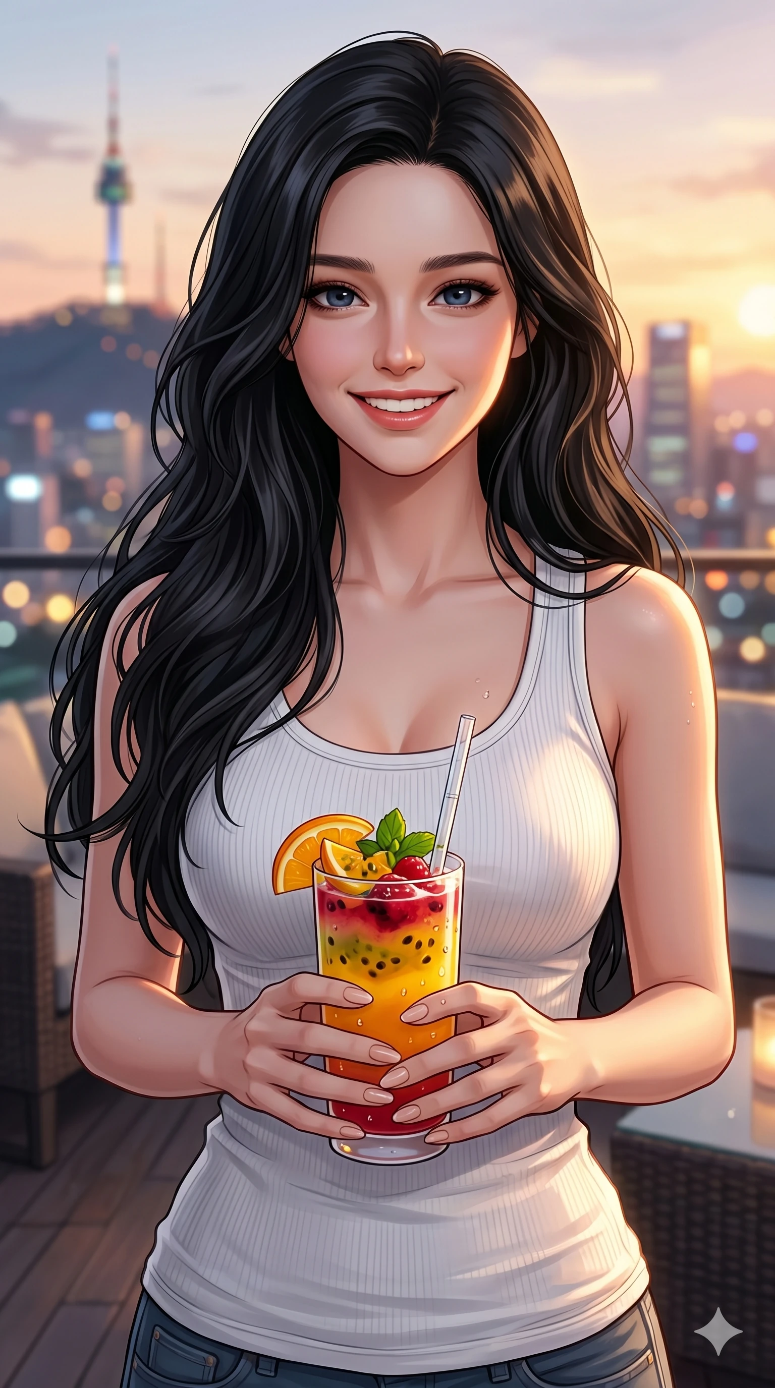 score_9, score_8_up, score_7_up, source_anime, masterpiece, best quality, ultra-detailed, same character with long flowing black hair, wearing a tight white ribbed tank top, upper body close-up from thigh up filling the screen, holding a colorful fruit cocktail with a straw, smiling at the camera, trendy rooftop bar in Seoul, sunset bokeh, 2k, 9:16 ratio