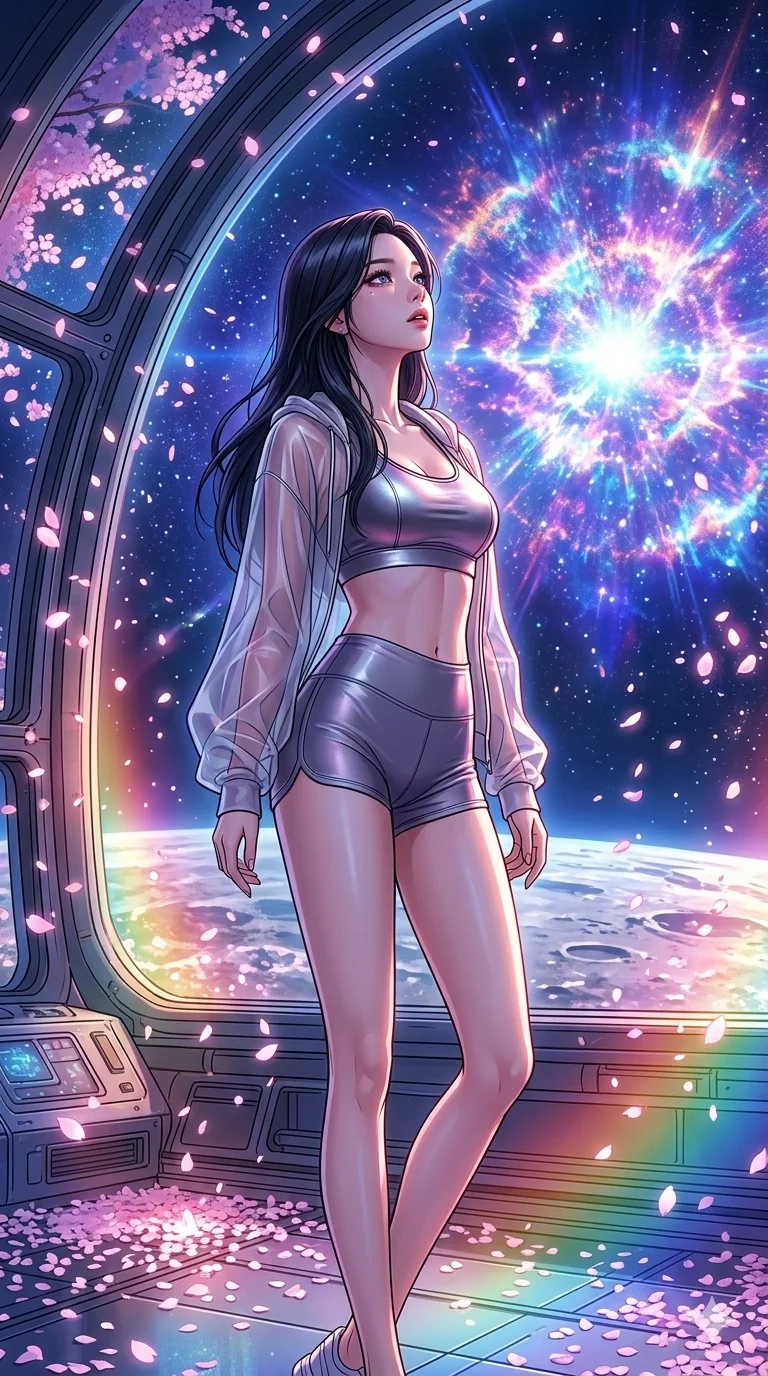 score_9, masterpiece, best quality, ultra-detailed, high-budget anime movie keyframe, cinematic anime lighting, intricate line art, Korean woman. Upper body filling screen focusing on her alluring features and slim-fit silhouette. observing a supernova in a lunar observatory with digital sakura petals. She has an absolutely perfect 8-heads proportion, an exceptionally tall and slender female figure with an ultra-slim waist and impossibly long slender legs. sharp v-shaped jawline, high-bridge nose, intricate jewel-like eyes, thick eyelashes, glossy lips. Wearing premium athleisure set with a metallic-finish compression top, high-cut yoga shorts that accentuate her long legs, and a sheer oversized hoodie. The scene is illuminated by dramatic atmospheric lighting and vibrant color palettes. , 2k, ultra detail, master piece, 9:16 ratio