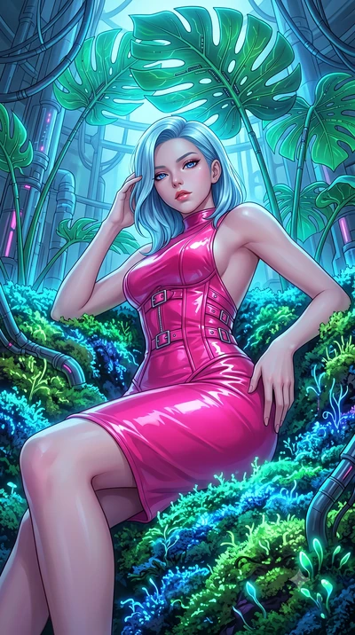 score_9, masterpiece, best quality, ultra-detailed, High-budget Anime Keyframe, East Asian woman. Low angle cowboy shot filling the entire 9:16 frame with her statuesque presence. Scenario 458: lying gracefully on a bed of bioluminescent moss inside 