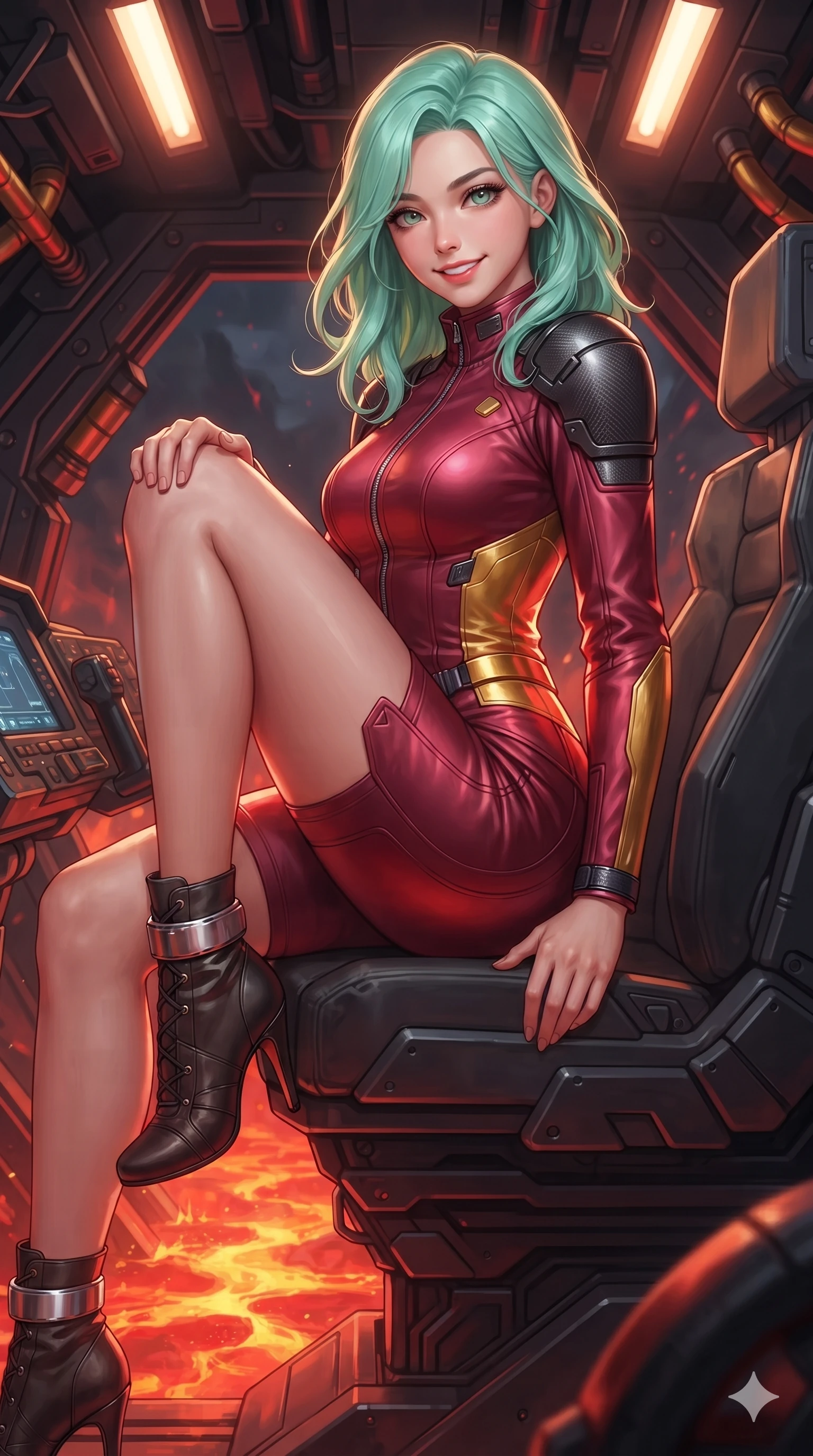 score_9, masterpiece, best quality, ultra-detailed, high-budget anime keyframe, editorial fashion photography, tasteful artistic composition, Japanese woman. close-up cowboy shot from the waist and thighs up, the character dominates the composition, filling the frame with her large presence. perched sideways on the pilot seat, one knee drawn up to showcase her slender leg line while her arched back accentuates her feminine hip curve while twisting her slender torso in an alluring contrapposto, fiery magma reflections painting glowing crimson and gold lines along her narrow waist and hips. The surrounding environment is rendered in vivid detail and crisp panoramic clarity: sharp heat-treated titanium truss bolts, textured non-slip gantry plates, and glowing thermal pipe fittings in deep focus. She has an exceptionally elegant, slender, and willowy female figure with an ultra-slim waist, flat toned midriff, narrow ribcage, and sculpted feminine hips creating an alluring, slim hourglass silhouette without bulk. sharp v-shaped jawline, high-bridge nose, intricate jewel-like sparkling eyes with depth, thick eyelashes, glossy parted lips with a natural sheen, bright confident smile with an enchanting and coquettish sensual glint, exuding both youthful magnetic charm and sovereign high-tech allure, flawlessly proportioned anatomical accuracy, strict slender model proportions, natural body alignment, perfectly sculpted long slender limbs, ultra-slim waistline, clean dynamic posture without body distortion. wearing a tailored high-collar aerodynamic flight suit with structured carbon-fiber shoulder plates and ergonomic zip channels in relativistic crimson and blazing accretion gold, tailored from brushed aeronautical titanium alloy with matte satin sheen, complemented by strappy stiletto combat boots with metallic ankle wraps accentuating her slender calves, the bespoke structured tailoring following the natural line of her 8.5-heads silhouette with refined elegance. bathed in the radiant 2000K upward glow of the cascading magma river combined with overhead industrial quartz worklights. ultra-reflective glossy finish, specular highlights, rich textural contrasts, high-contrast stereoscopic depth, volumetric dynamic lighting, 2k, ultra detail, master piece, 9:16 ratio