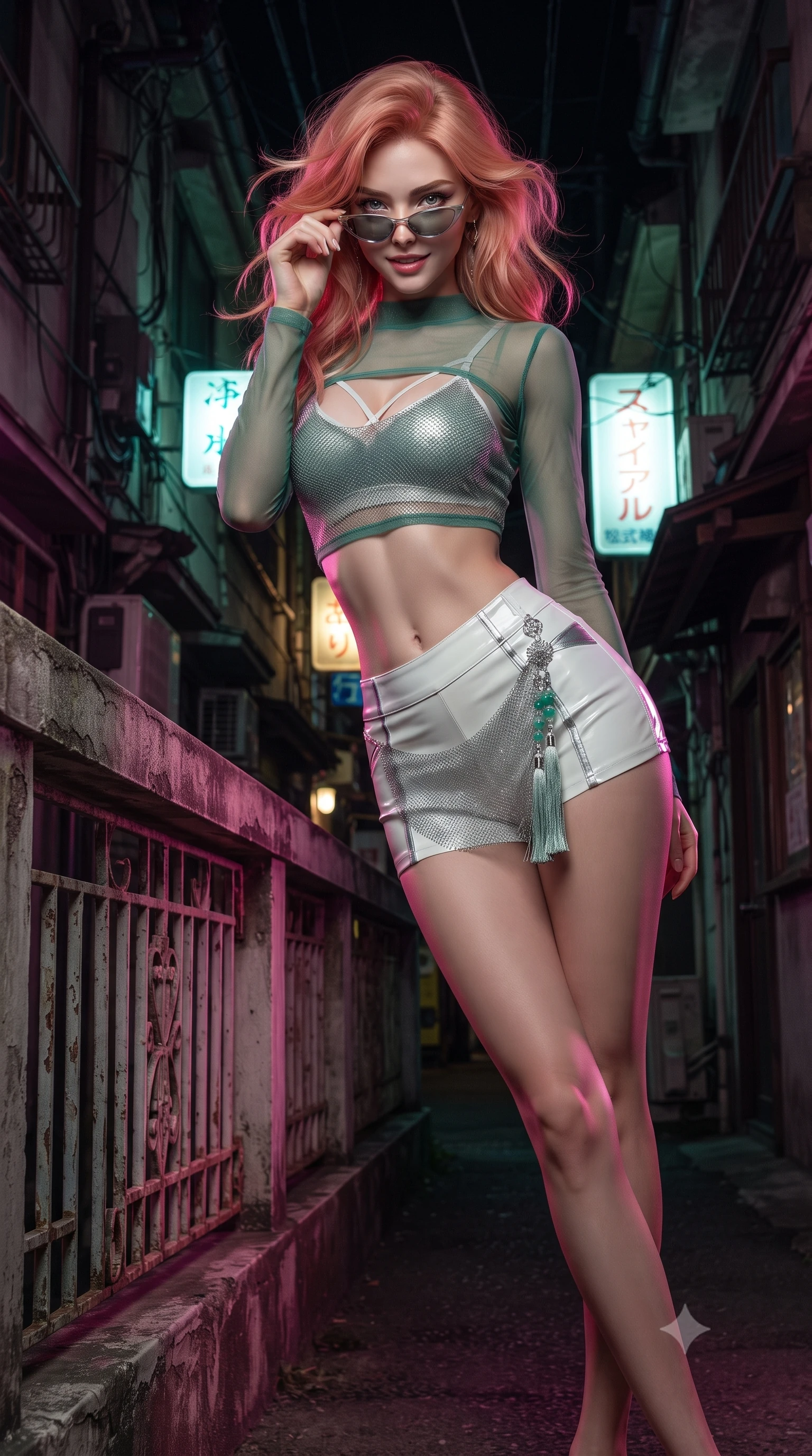 score_9, masterpiece, best quality, ultra-detailed, high-budget anime keyframe, editorial fashion photography, tasteful artistic composition, Japanese woman. low angle full-body shot from head to toe showing her feet, filling the entire 9:16 vertical frame with her statuesque presence, stretching her vertical silhouette. leaning deep against the balcony balustrade with hips cocked back in an unapologetically alluring high-fashion stance, casting an intoxicating glance while twisting her slender torso in an alluring contrapposto stance beneath hanging neon signs, fingers adjusting her retro sunglasses with a smirk. The surrounding environment is rendered in vivid detail and crisp panoramic clarity: detailed vinyl mini-skirt shine, subtle mesh fabric texture, and authentic Showa-era alley architecture in razor-sharp precision. She has an absolutely perfect, statuesque 8.5-heads proportion, an exceptionally tall and slender model-like female figure with impossibly long slender legs, an ultra-slim waist, a flat toned midriff, narrow delicate ribcage, and beautifully sculpted feminine hips creating a graceful, slim hourglass silhouette without any bulky heaviness. sharp v-shaped jawline, high-bridge nose, sparkling eyes with hypnotic seductive depth, thick curled eyelashes, glossy parted lips with a natural dewy peach sheen, alluring bedroom-eyes with an enchanting coquettish smile, exuding magnetic siren charisma and sophisticated glamour, flawlessly proportioned anatomical accuracy, strict slender model proportions, natural body alignment, perfectly sculpted long slender limbs, ultra-slim waistline, clean dynamic posture without body distortion. wearing a sheer athletic mesh long-sleeve crop top layered over an opaque strappy micro-bralette and tight leatherette shorts in moonlit jade green and pure alabaster white with silver accents, crafted from shimmering fluid chainmail mesh reflecting ambient neon lights, accented with an intricate silver norigae tassel swaying gracefully along her curving hip line, the form-contouring silhouette accentuating her sculpted flat midriff, narrow delicate ribcage, and gracefully curvy hips with intoxicating allure. illuminated by puddle specular bounce and sharp magenta rim lights defining her razor-sharp jawline, ultra-slim waist, and curvy hips. ultra-reflective glossy finish, specular highlights, rich textural contrasts, high-contrast stereoscopic depth, volumetric dynamic lighting, 2k, ultra detail, master piece, 9:16 ratio