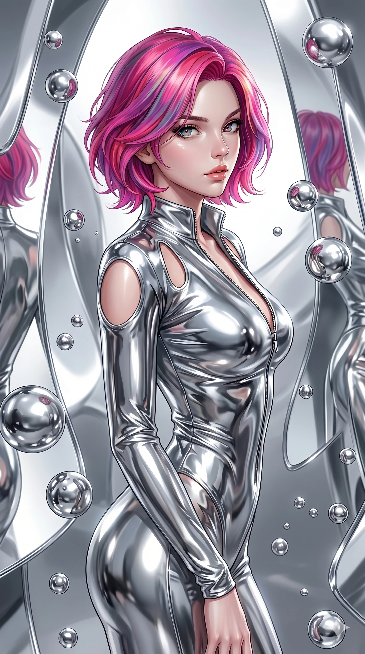 score_9, masterpiece, best quality, ultra-detailed, high-budget anime keyframe, Caucasian woman, strictly human ears. Upper body close-up from the thighs up, character filling the screen for maximum presence. She is surrounded by floating mercury droplets and curved abstract mirrors that warp space. She strikes a striking fashion pose, looking over her shoulder with glossy, natural lips. She has an absolutely perfect 8-heads proportion, an exceptionally tall and slender female figure with impossibly long slender legs and an ultra-slim waist. V-shaped jawline, high-bridge nose, intricate jewel-like eyes with depth, thick eyelashes, glossy lips with a natural sheen. She is wearing a form-fitting top made of molten liquid-mercury fabric that clings to her curves, with strategic tear-drop shoulder cutouts and a dangerously unzipped front collar. The scene is bathed in highly reflective silver highlights and a stark white side studio light. 2k, ultra detail, master piece, 9:16 ratio