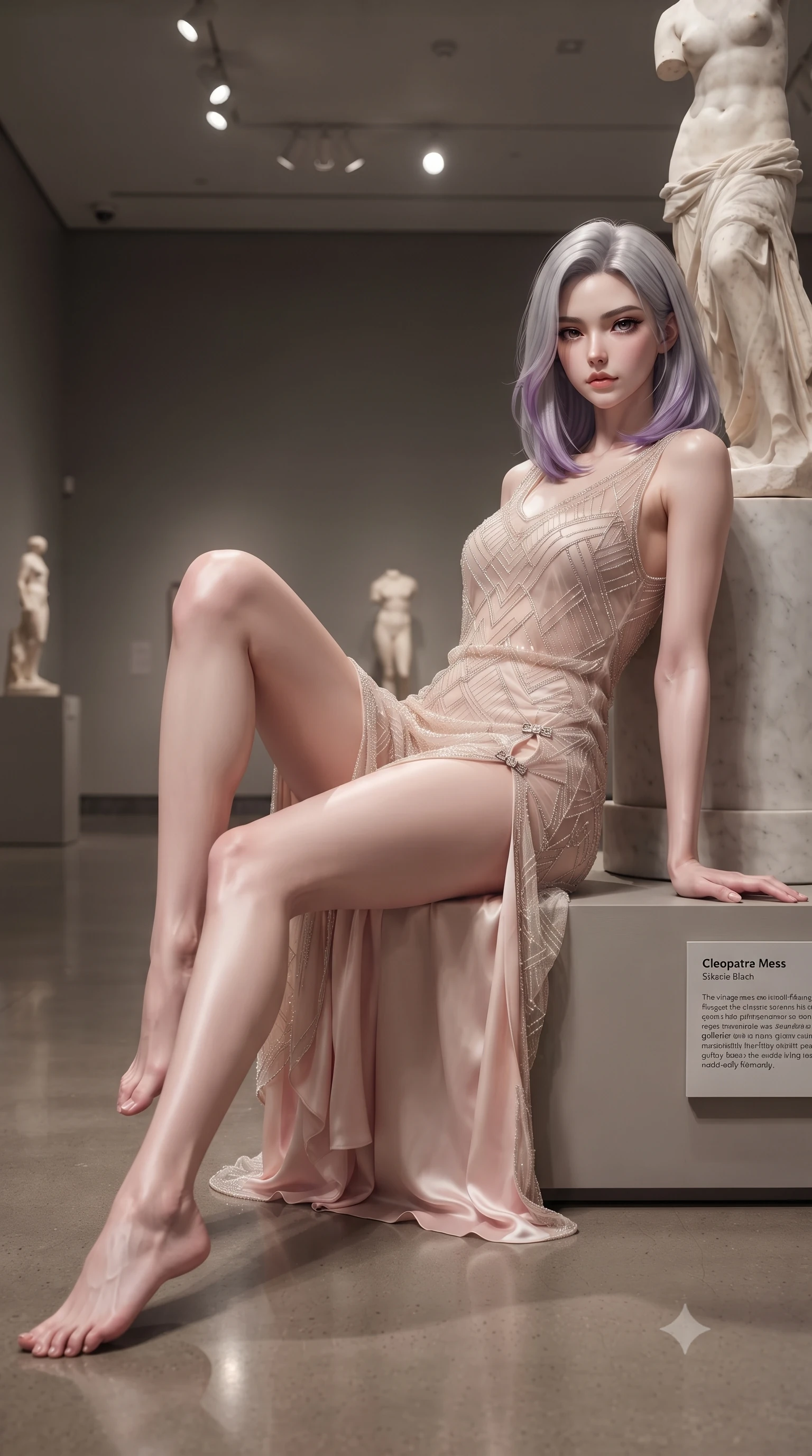 score_9, masterpiece, best quality, ultra-detailed, high-budget anime keyframe, editorial fashion photography, tasteful artistic composition, Caucasian woman. low angle full-body shot from head to toe showing her feet, filling the entire 9:16 vertical frame with her statuesque presence, stretching her vertical silhouette. reclining on her side in an elegant Cleopatra pose with one knee drawn up, the dramatic contour of her rounded hips and long slender legs commanding the 9:16 vertical frame while leaning back against the pedestal of a minimalist marble sculpture with hips cocked, casting a cool, intellectual, and smoldering gaze at the camera. The surrounding environment is rendered in vivid detail and crisp panoramic clarity. detailed tailored dress seam lines, mirror reflection clarity, and gallery placard typography in high resolution. She has an exceptionally tall and slender model-like 8.5-heads proportion, an ultra-slim waist, a flat toned midriff, narrow delicate ribcage, and beautifully sculpted feminine hips creating a graceful, slim hourglass silhouette without any bulky heaviness, with impossibly long slender legs. sharp v-shaped jawline, high-bridge nose, intricate jewel-like eyes with depth, thick eyelashes, glossy parted lips with a natural sheen, intensely captivating and seductive bedroom-eyes expression, flawlessly proportioned anatomical accuracy, strict slender model proportions, natural body alignment, perfectly sculpted long slender limbs, ultra-slim waistline, clean dynamic posture without body distortion. wearing a sheer vintage mesh flapper dress adorned with intricate geometric beadwork over an opaque silk slip in sakura blossom pink and warm ivory, woven from layered gossamer chiffon with a weightless sweeping drape, finished with an ultra-high side slit secured by miniature jeweled clasps, the liquid-tight tailored fabric clinging flawlessly to her narrow waist and rounded feminine hips, emphasizing every millimeter of her sculpted slim hourglass curves without any bulky heaviness. bathed in precise museum directional spotlights from above and soft floor-level ambient fill. ultra-reflective glossy finish, specular highlights, rich textural contrasts, high-contrast stereoscopic depth, volumetric dynamic lighting, 2k, ultra detail, master piece, 9:16 ratio